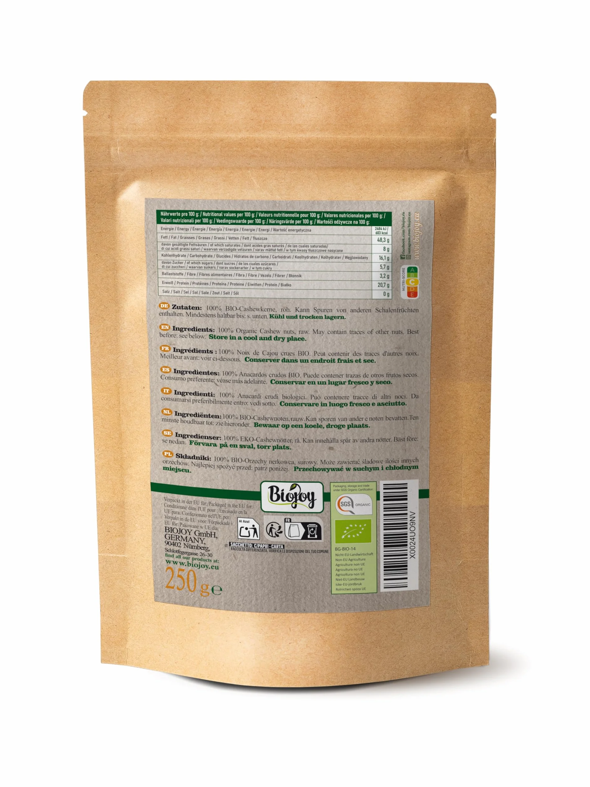 Biojoy BIO Orzechy nerkowca, surowe i nieprzetworzone, Anacardium occidentale (250 g)