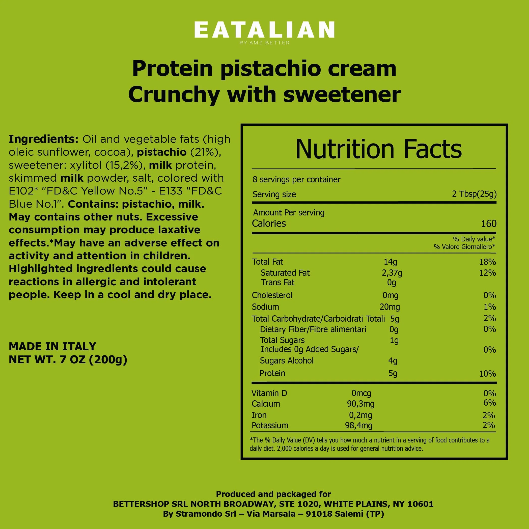EATALIAN by AMZ BETTER Krem proteinowy pistacjowy CRUNCHY 200 g, krem do smarowania z granulkami pistacji, słodki smak, idealny do pieczywa, do nadziewania deserów, czekolada z Dubaju