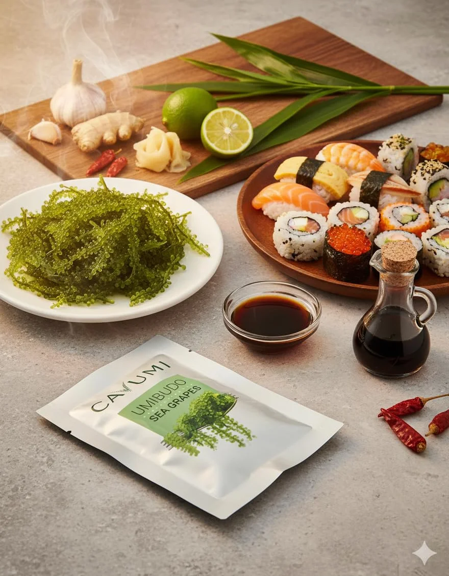 CAVUMI Sea Grapes 20 g / gąsienice morskie jako przekąska z alg / suszone algi morskie / Umibudo jako chrupiący zielony kawior