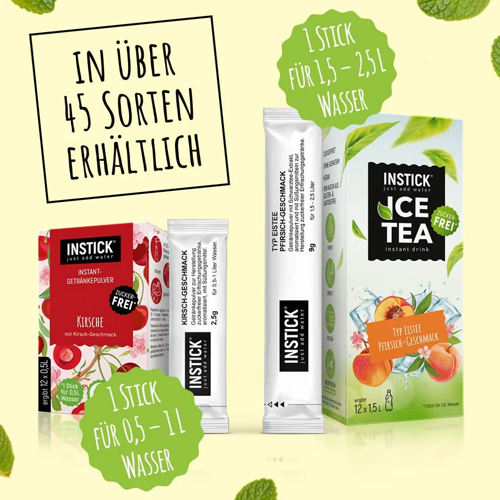 Instick Napój instant bez cukru (mrożona herbata brzoskwiniowa) – 1 opakowanie, na 12 x 0,5-1 l, wegański napój w proszku, niskokaloryczny i witamina C, proszek instant