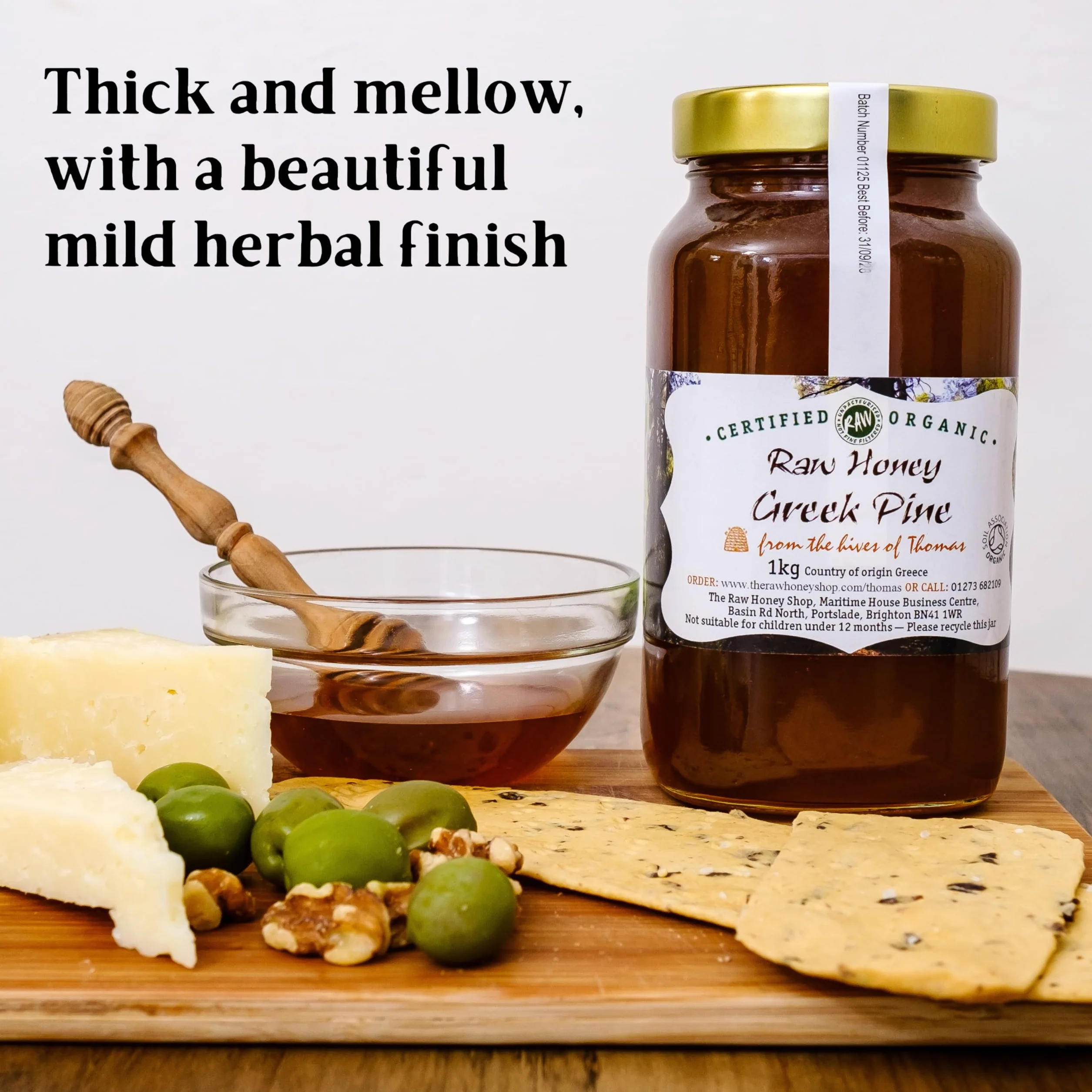 Thomas' Artisan Surowy grecki miód sosnowy, 490 g - antybakteryjny miód, gruby i niepasteryzowany, tłoczony na zimno, antybakteryjny, pojedyncze pochodzenie - The Raw Honey Shop