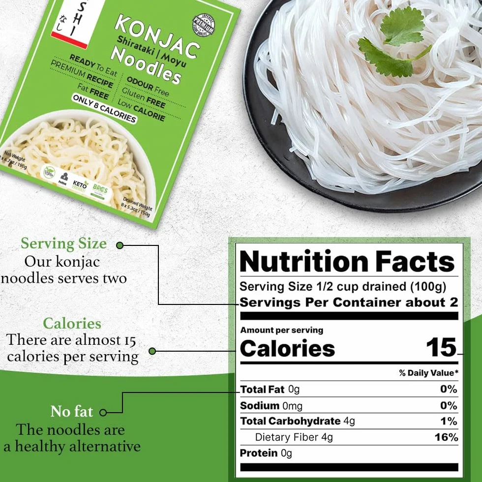 Nashi Konjac Shirataki Premium Noodles (8 × 190 g) - Bez zapachu, odpowiedni dla wegan, beztłuszczowy i niskokaloryczny, przyjazny dla glukomannanu keto, dieta niskowęglowodanowa, gotowa do spożycia