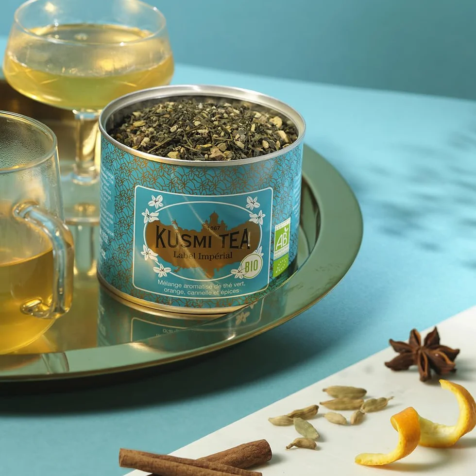 Kusmi Tea Label Impérial Bio Organic Green Tea Orange Cinnamon Spices Metal Can 100g