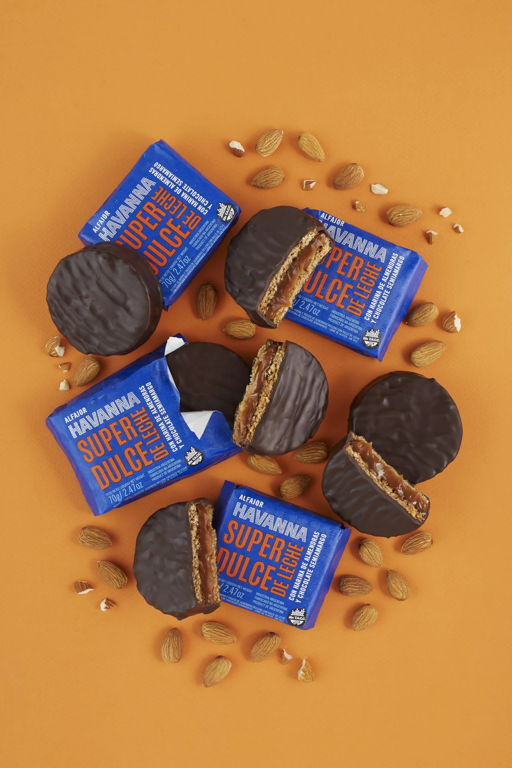 Havanna | Alfajores z Czekoladą Gorzka i Mąką Migdałową | Ciastka Oblane Czekoladą z Nadzieniem z Dulce de Leche | Bez Glutenu | 4 Sztuki | 280 g