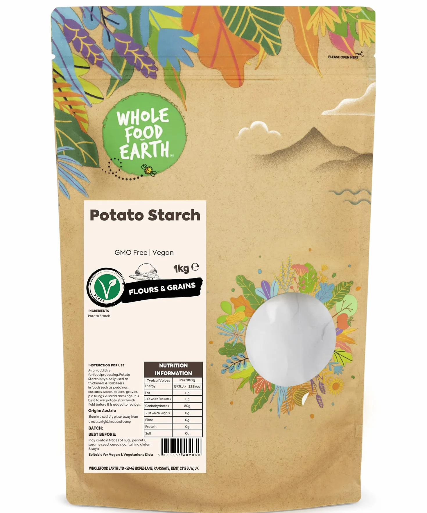 Wholefood Earth Skrobia Ziemniaczana, bez GMO, Wegańska, bez Mleka, bez Dodatku Cukru, 1 kg