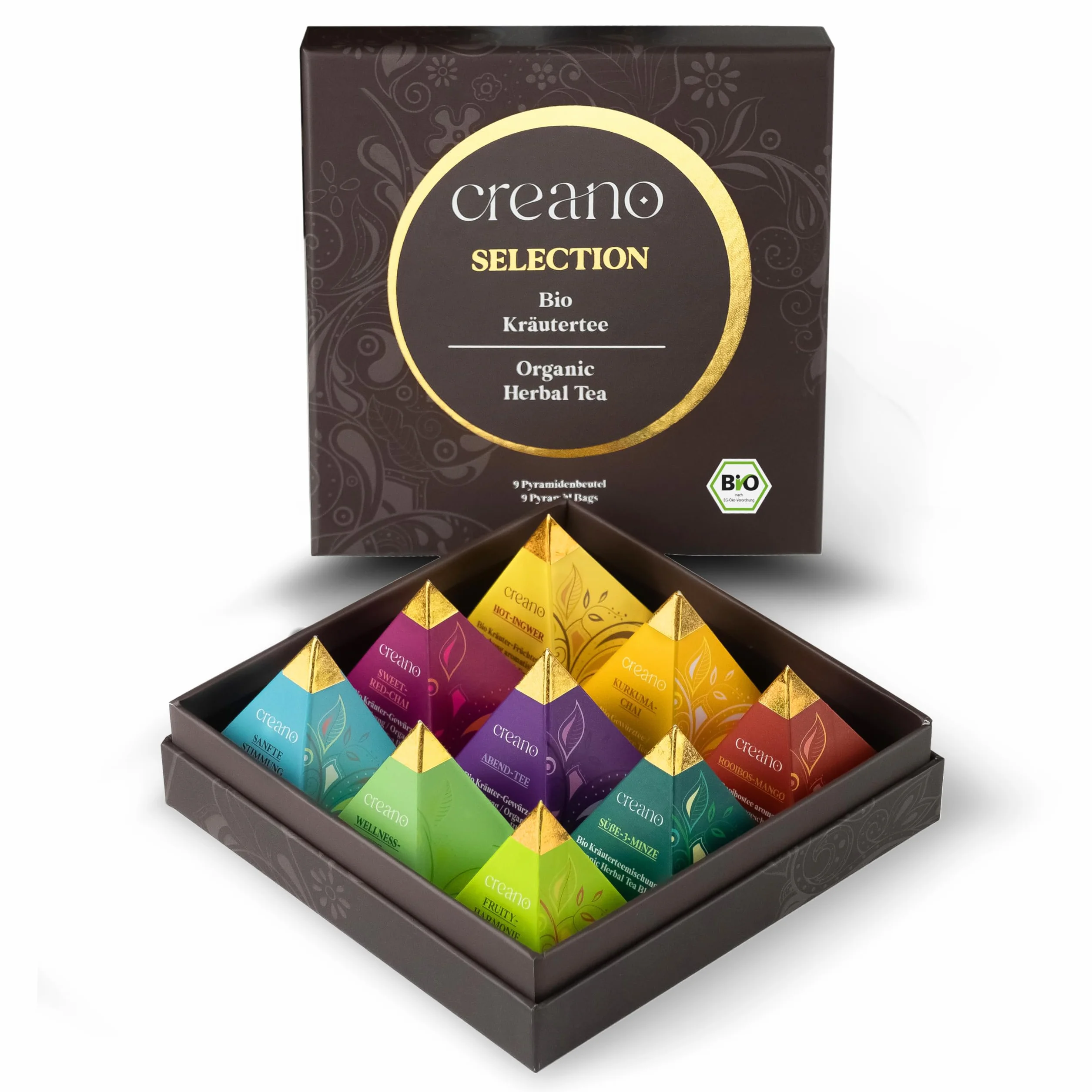Zestaw prezentowy herbaty ziołowej Creano Premium Organic „Herbata ziołowa organiczna” – 9 torebek herbaty piramidkowej w 9 różnych wariantach – 22,5 g – NOWOŚĆ 2024*