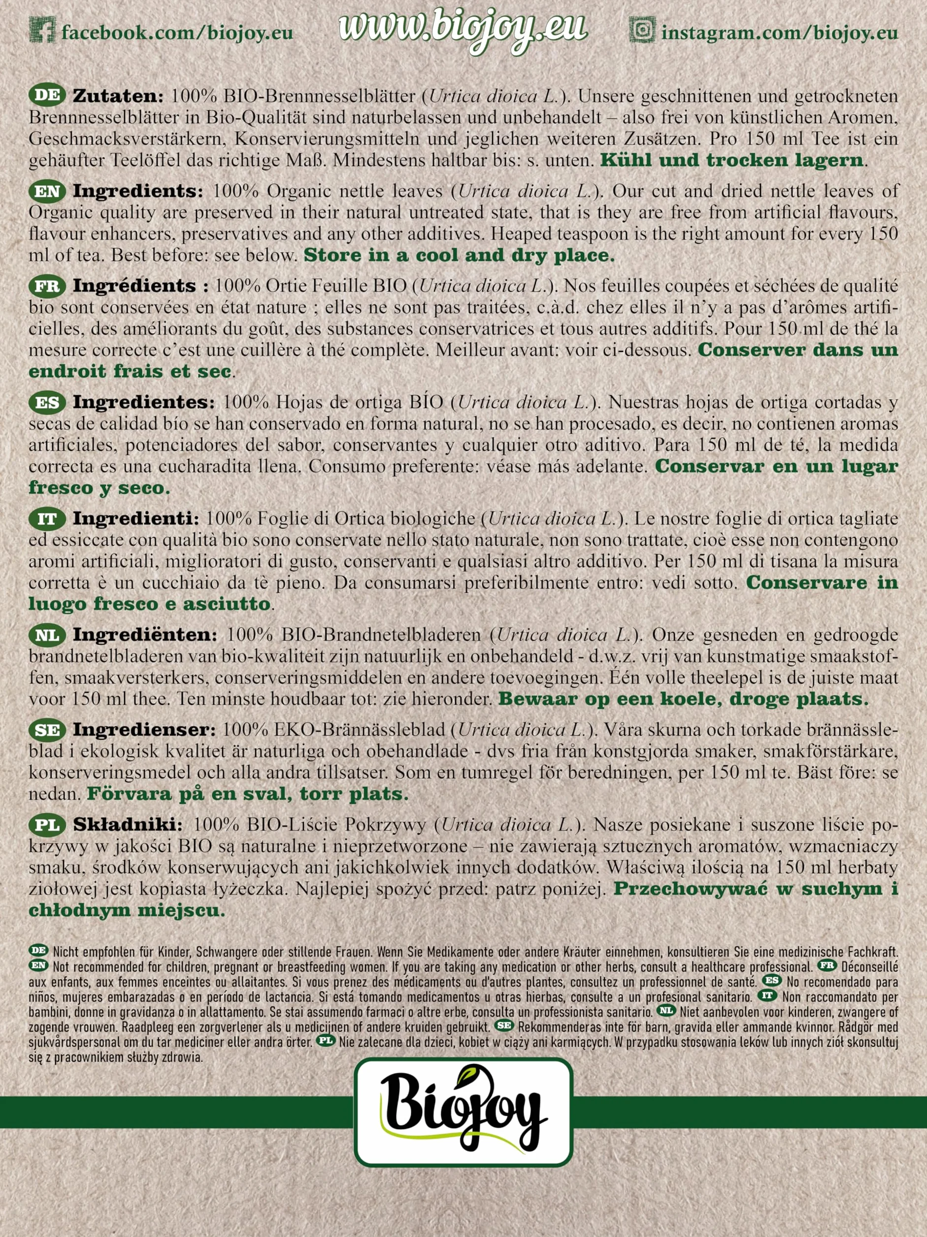 Biojoy BIO-Liście Pokrzywy (250 g), suszony i posiekane, herbata z pokrzywem, bez dodatków (Urtica dioica)