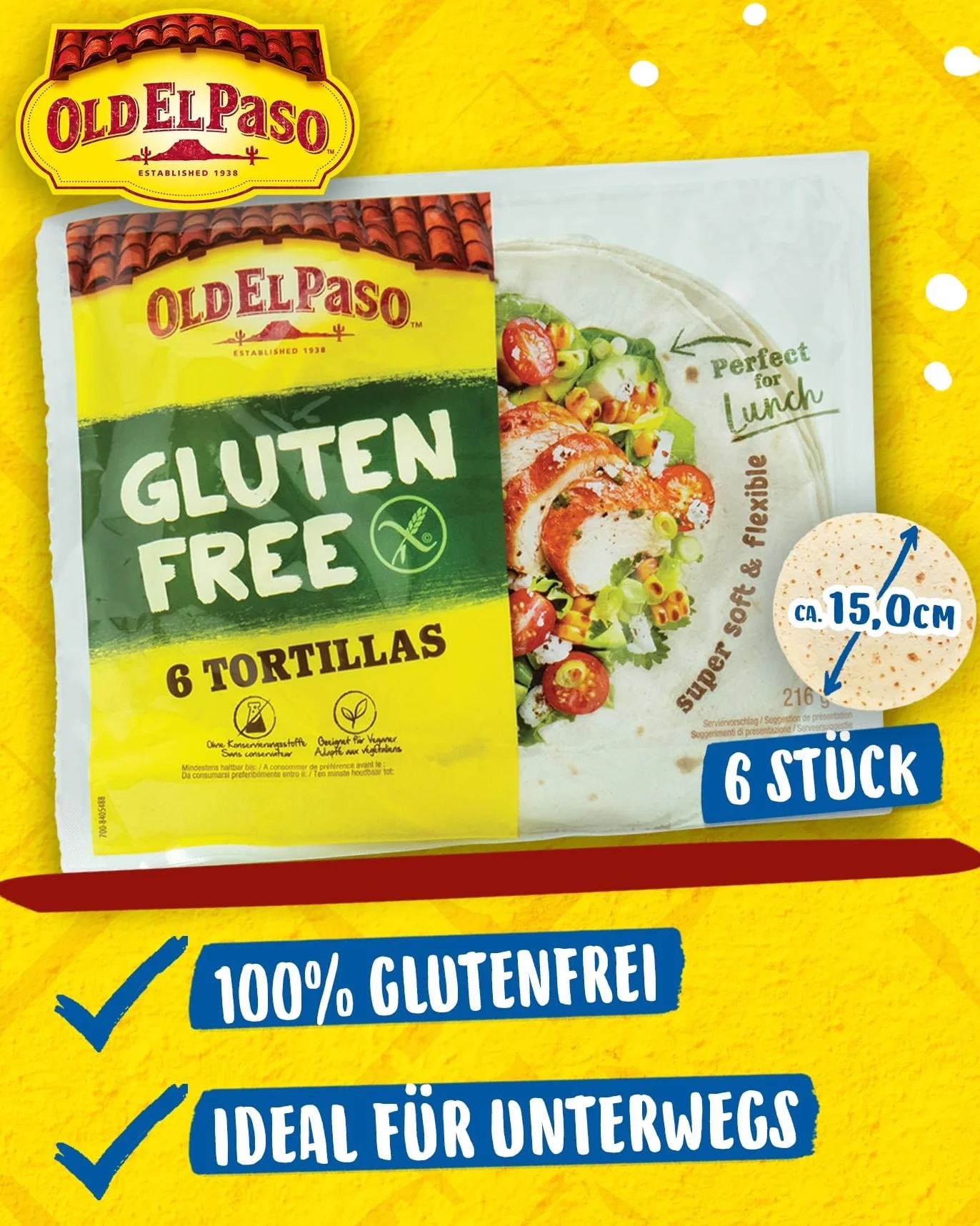 Old El Paso Tortille – bezglutenowe – meksykańskie okłady z tapioki, komosy ryżowej i kukurydzy – 1 x 216 g