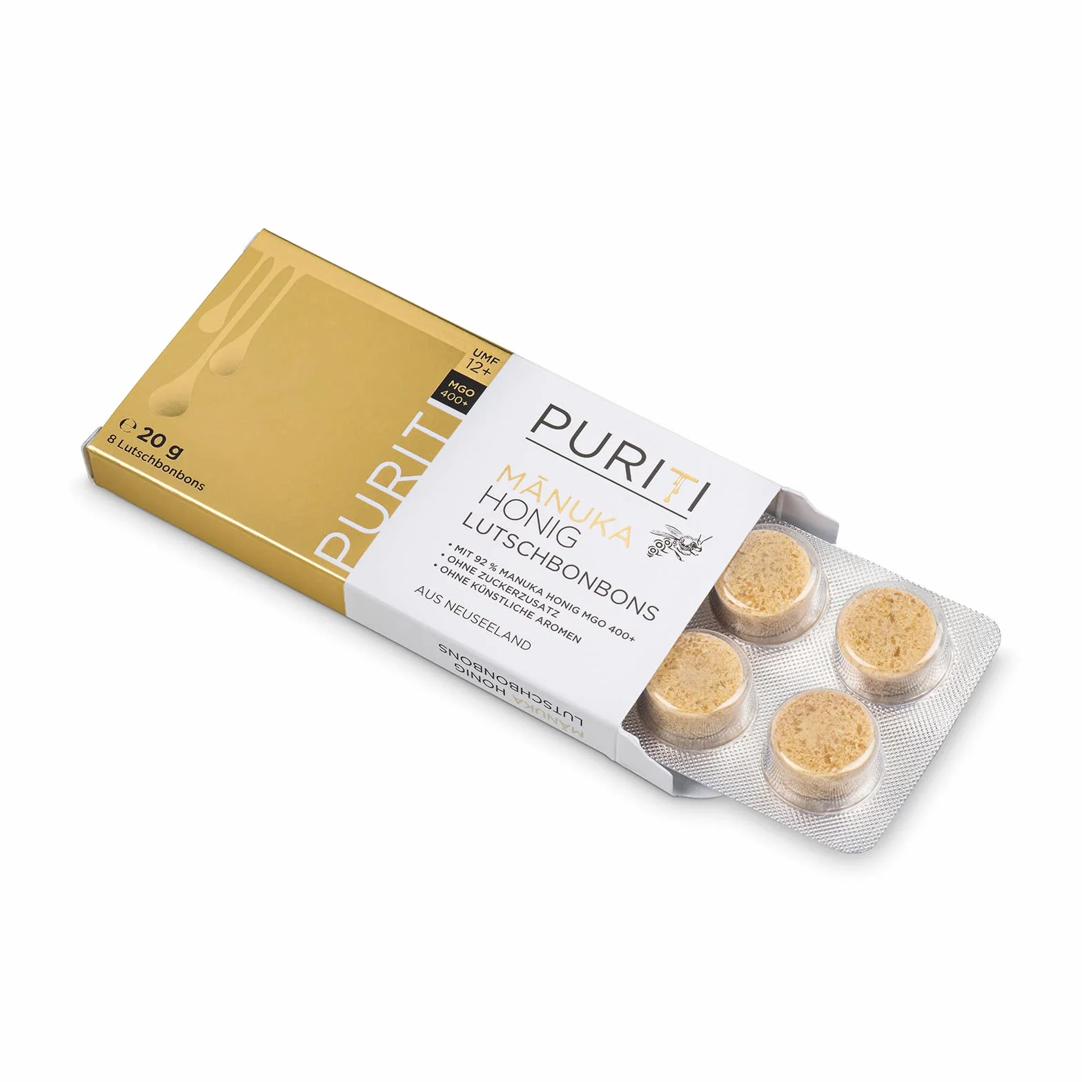 PURITI Manuka cukierki miodowe MGO 400+ z Nowej Zelandii z 92% miodu Manuka, bez dodatku cukru, bez sztucznych dodatków – 8 cukierków do ssania, 20 g