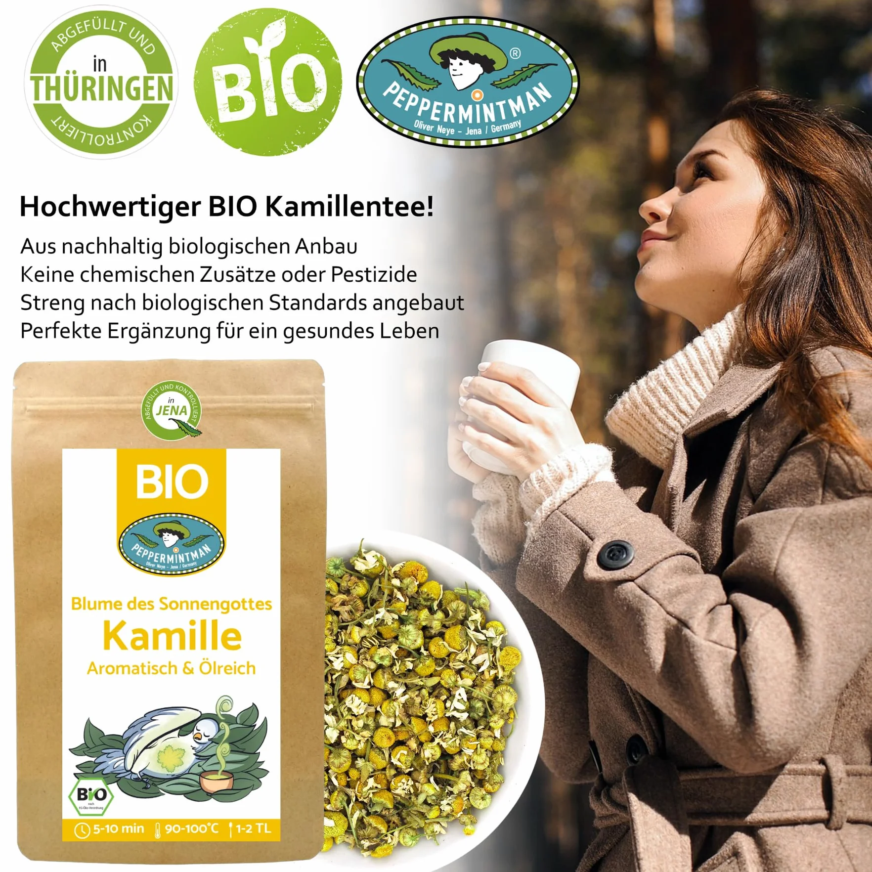 Bio herbata rumiankowa 300 g z Europy – wysokoolejowa – suszone całe kwiaty rumianku – aromatyczna i bogata w olej – bezpośrednio z europejskiego zakładu rodzinnego PEPPERMINTMAN