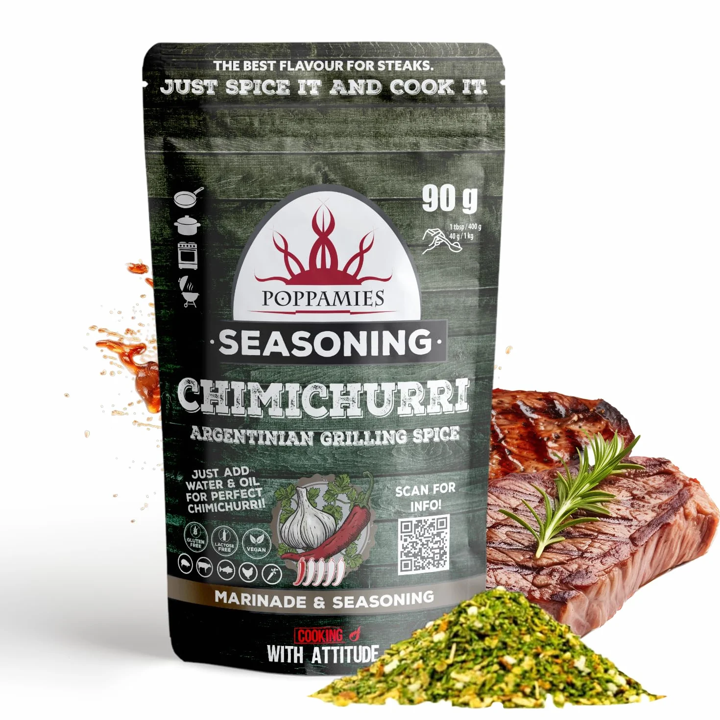 Poppamies Chimichurri BBQ Rub - Sucha Marynata i Przyprawa BBQ idealna do ryb Warzyw Kurczaka Wieprzowiny Wołowiny - duże opakowanie (90 g)