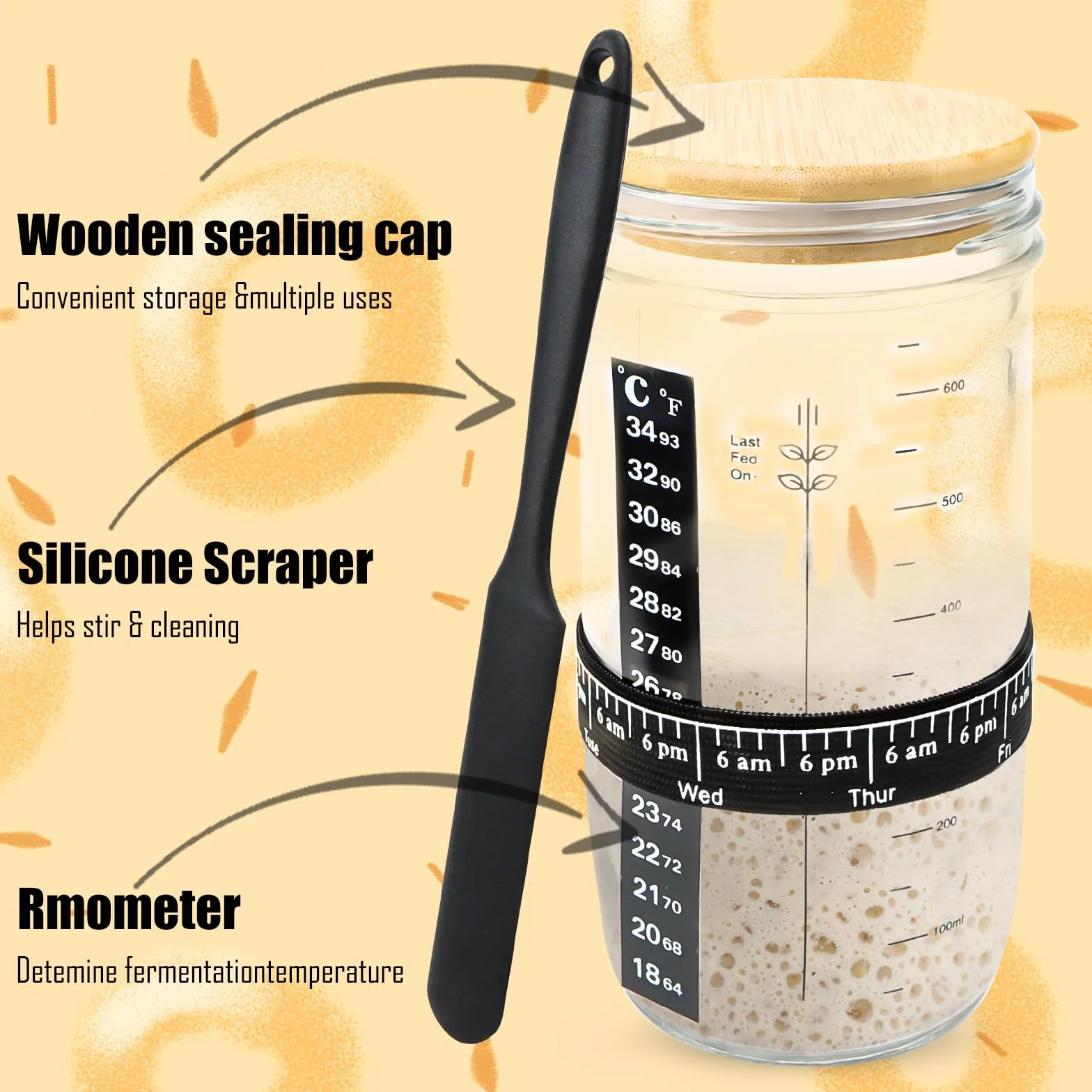 Jognee Zestaw startowy do zakwasu, 900 ml, słoik do fermentacji Sourdough z drewnianą pokrywką, szkło na zakwas, fermentacja, zestaw startowy Sourdough, szklany pojemnik, szkło fermentujące, akcesoria