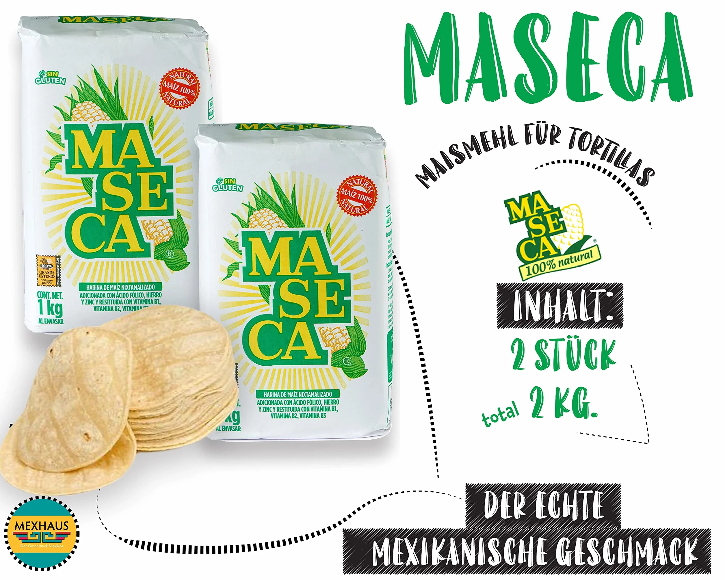 Maseca z Meksyku Mąka kukurydziana na tortille 1 kg (opakowanie 2 sztuki) Harina de Maiz, Masa Harina, Mąka bezglutenowa