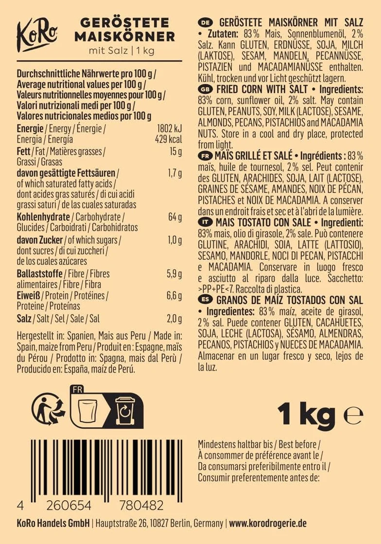 KoRo Palone ziarna kukurydzy z solą 1 kg chrupiąca przekąska bez barwników i konserwantów