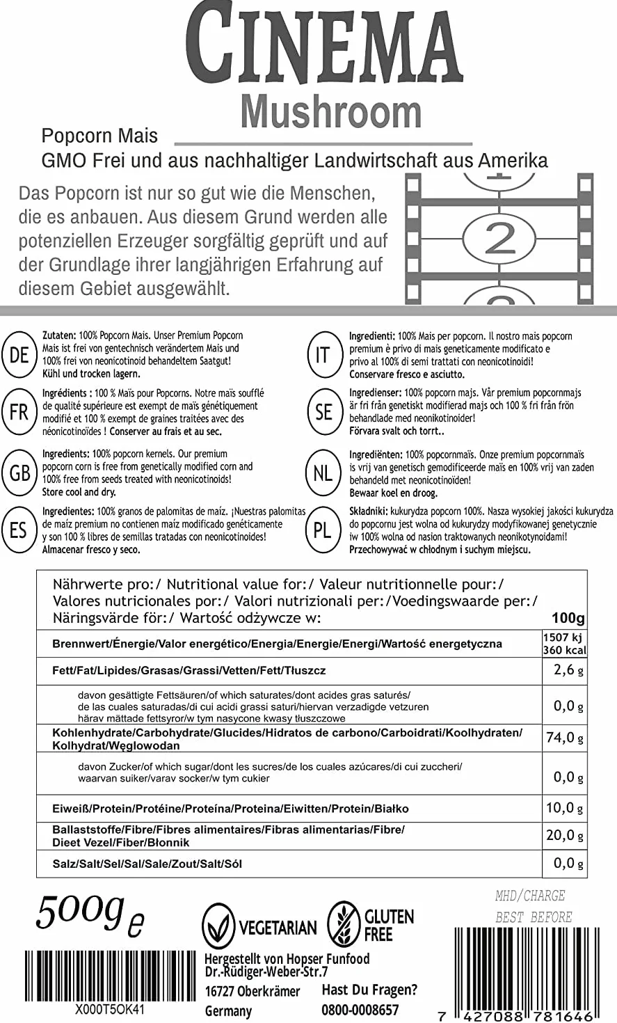 Premium Mushroom Popcorn Kinopopcorn worek 500 g XL Popcorn premium 1:46 objętość popcornu w zamykanej torebce bez GMO