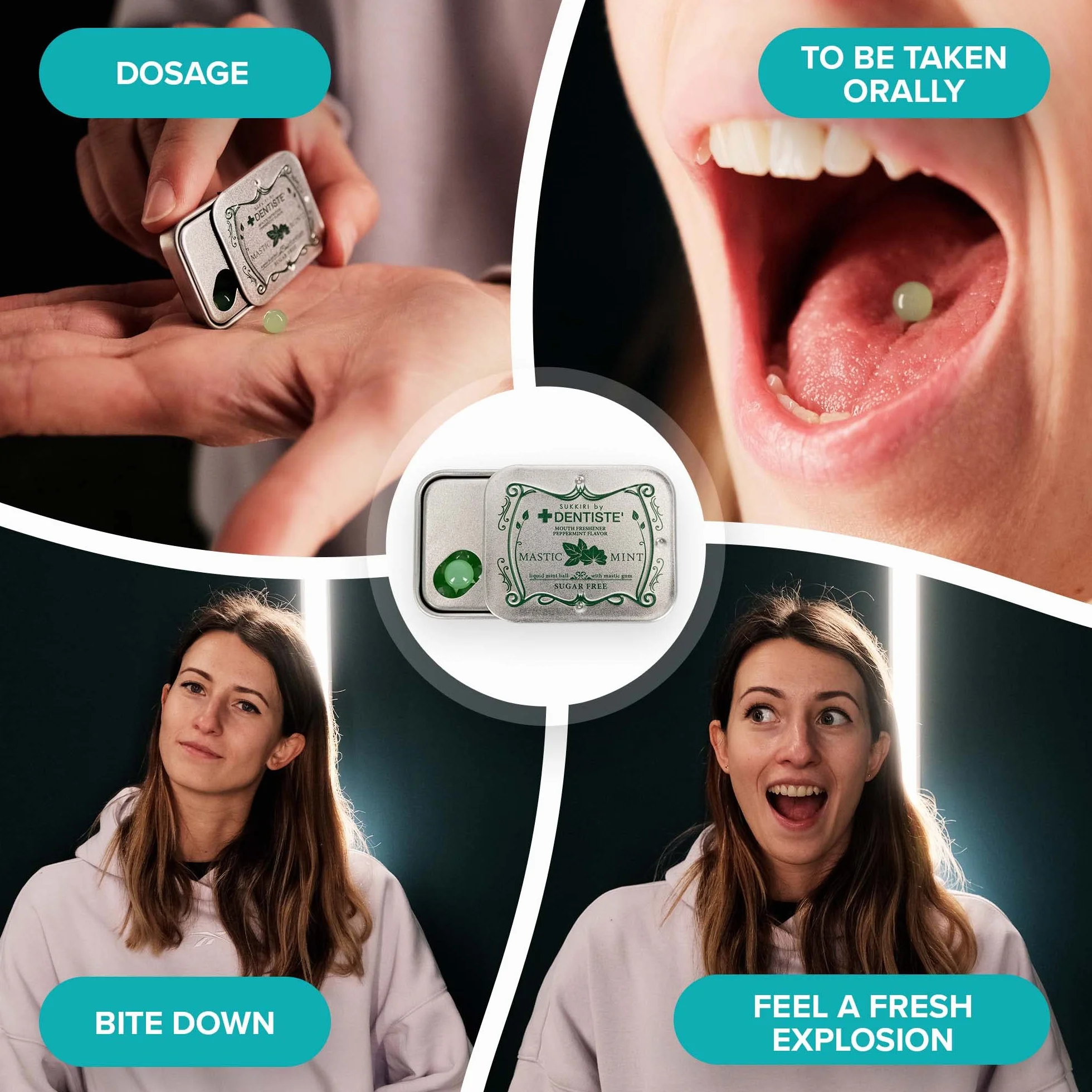 Dentysta LoveMints w metalowej puszce retro. Świeży oddech w 3 sekundy. Cukierki miętowe na nieświeży oddech i próchnicę. Świeża mięta i olejek mastyksowy jako odświeżacz oddechu. miętówki