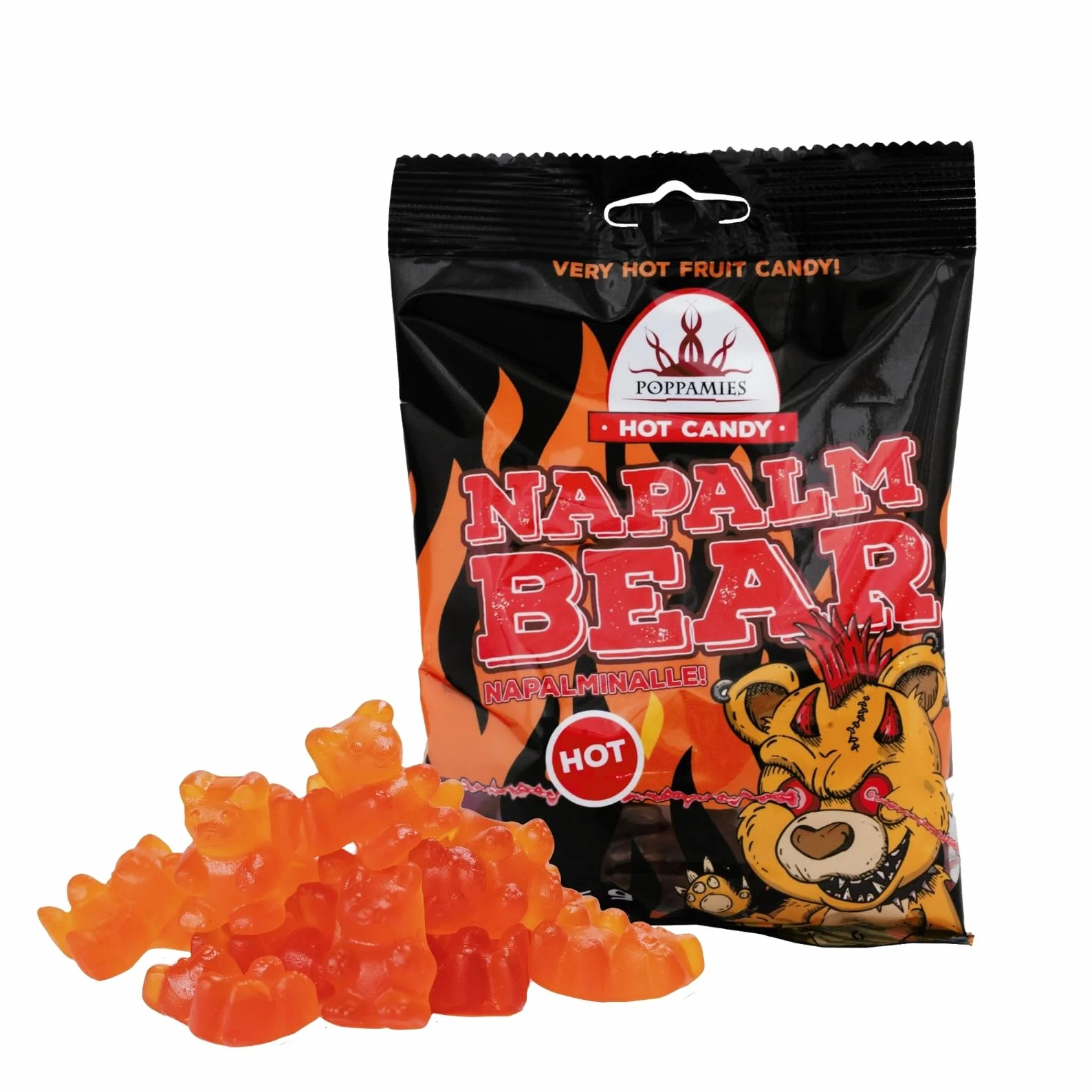 Poppamies Pikantne Żelki Poppamies NapalmiNalle Chili Fruit Gums - Bezglutenowe, Bezlaktozowe, Wegańskie - Nie dla dzieci ani na Halloweenowy Żart - Pikantność: 4/10 - Waga: 125g