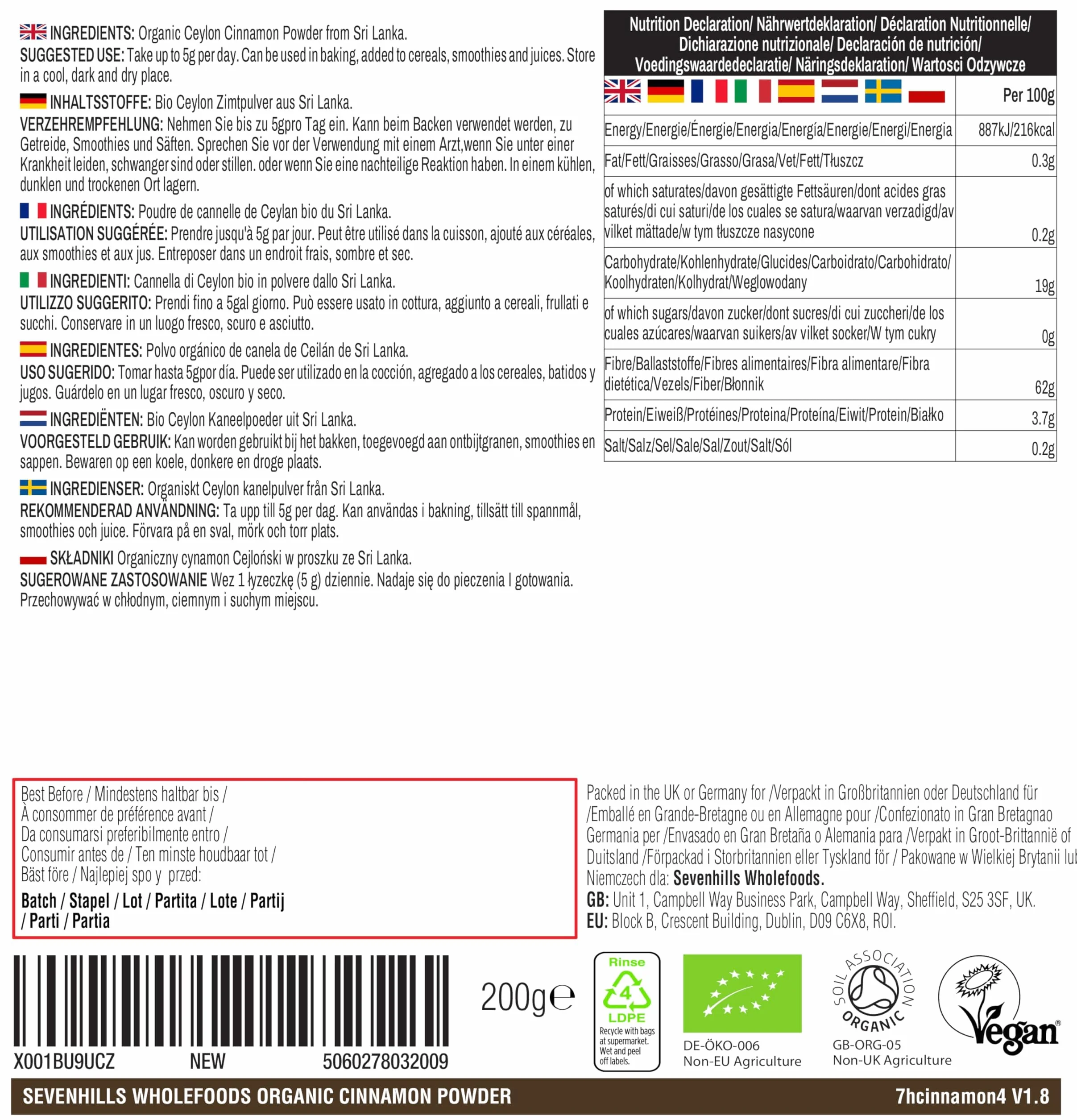 Sevenhills Wholefoods Organiczny Cynamon Cejloński W Proszku 200g