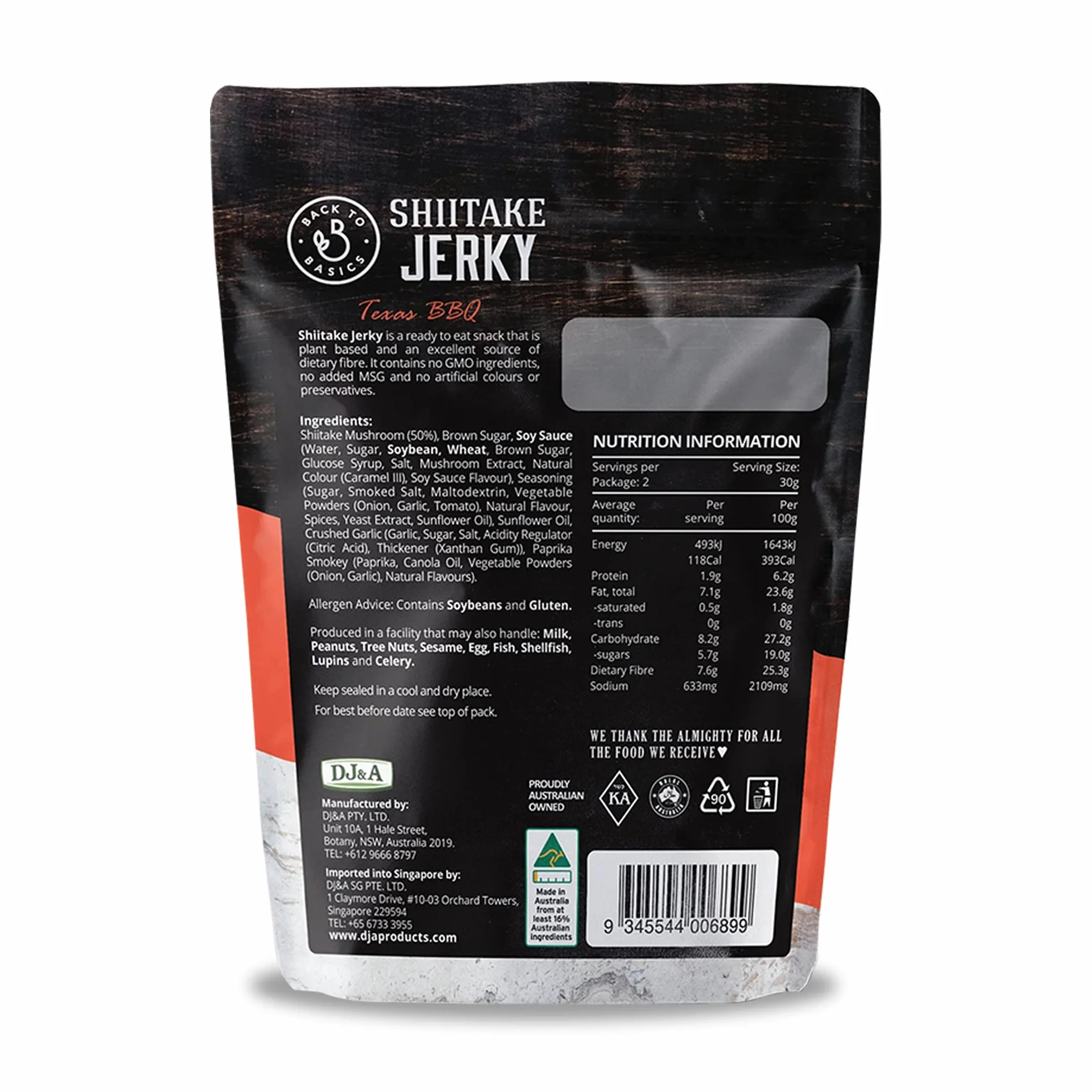 DJ & A Vegan Grzyb Jerky Texas BBQ 60 g, opakowanie 4 szt