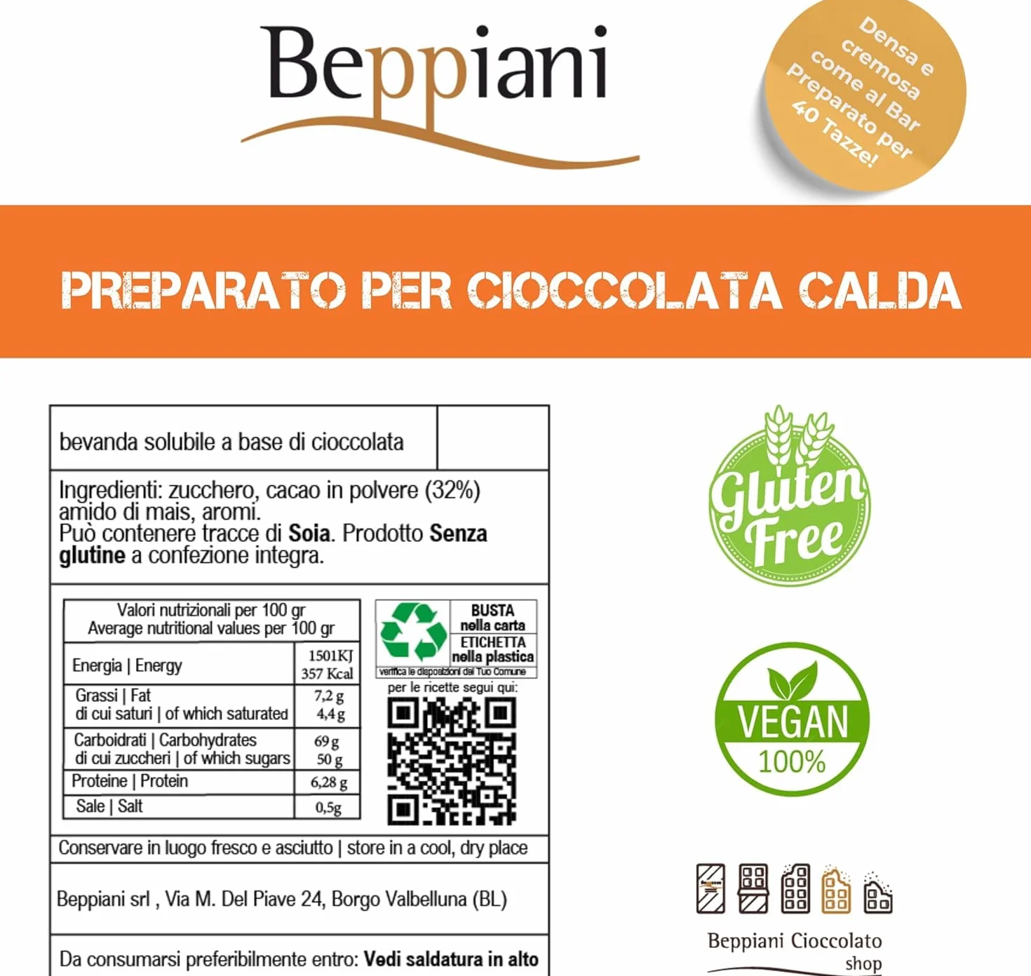 Beppiani, gorąca czekolada 1kg, przygotowana na gorącą czekoladę, odpowiednik 40 dawek gorącej czekolady saszetki, gęste i kremowe jak w barze, intensywny aromat, naturalne składniki i bezglutenowe