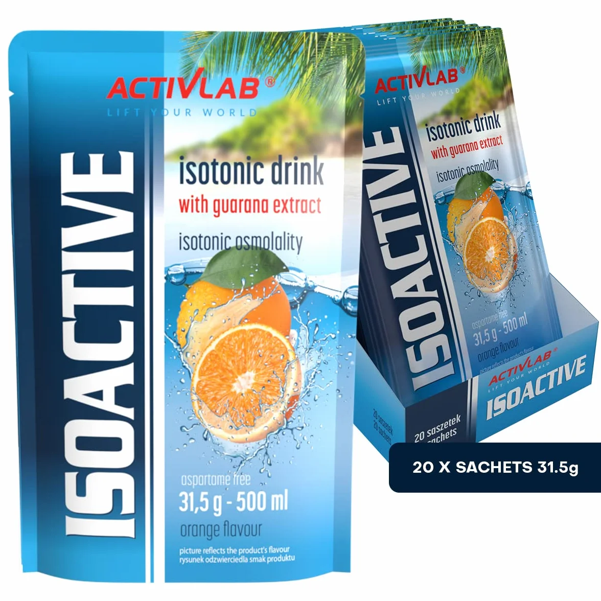 Activlab Isoactive Isotonic Drink z Guana, elektrolit, witaminy B, 20 x 31,5 g, pomarańczowy, z guaraną, 500 ml napoju sportowego, praktyczny woreczek, 3 x sprawdzony laboratoryjnie