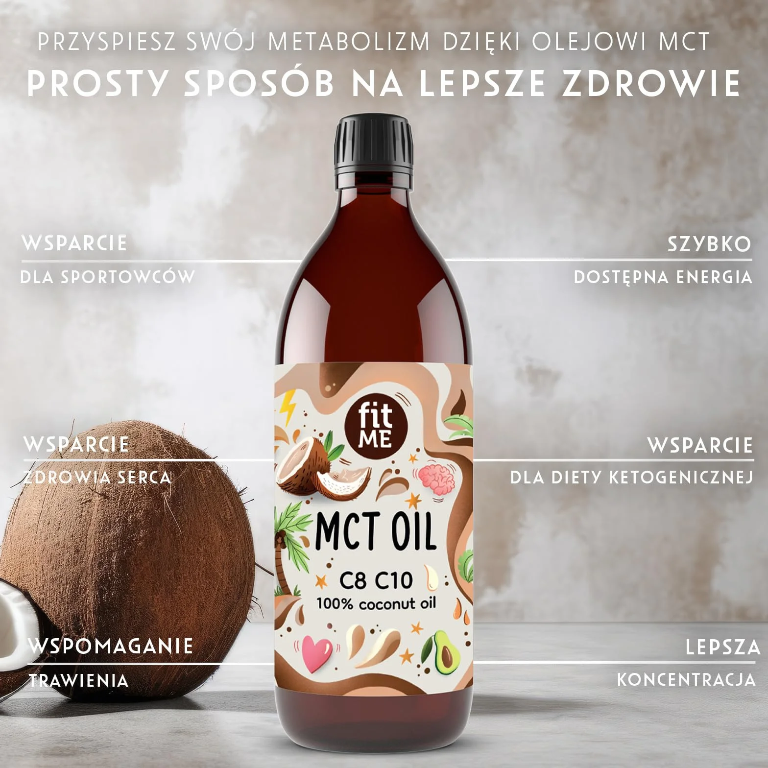Olej MCT na Bazie Oleju Kokosowego 500 ml - Olej MCT z 60% Kwasu Kaprylowego (C8) i 40% Kwasu Kaprynowego (C10) - Bezsmakowy