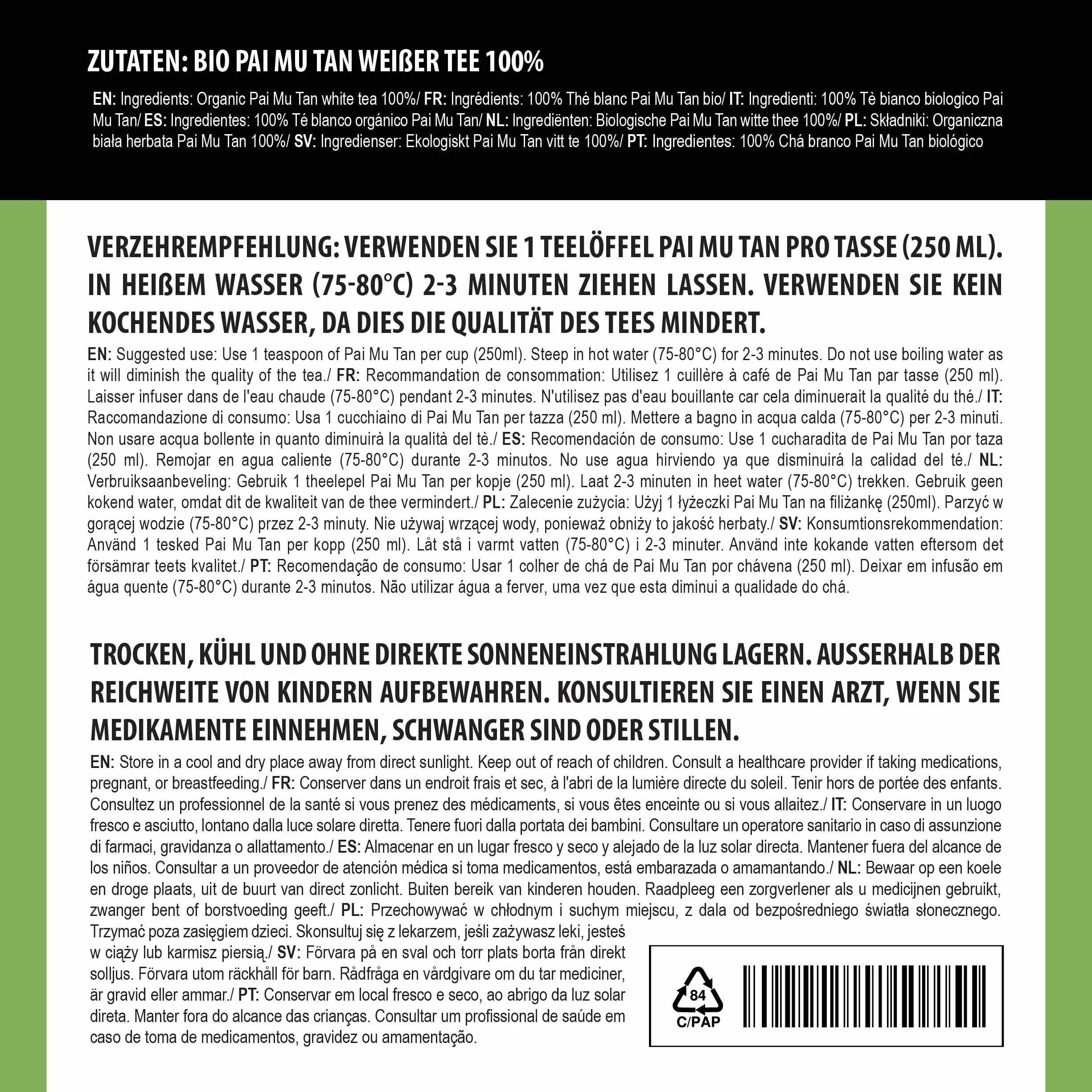 Alpi Nature Ekologiczna Herbata Pai Mu Tan 100g, Biała Herbata Pai Mu Tan, Naturalnie Zawierająca Kofeinę