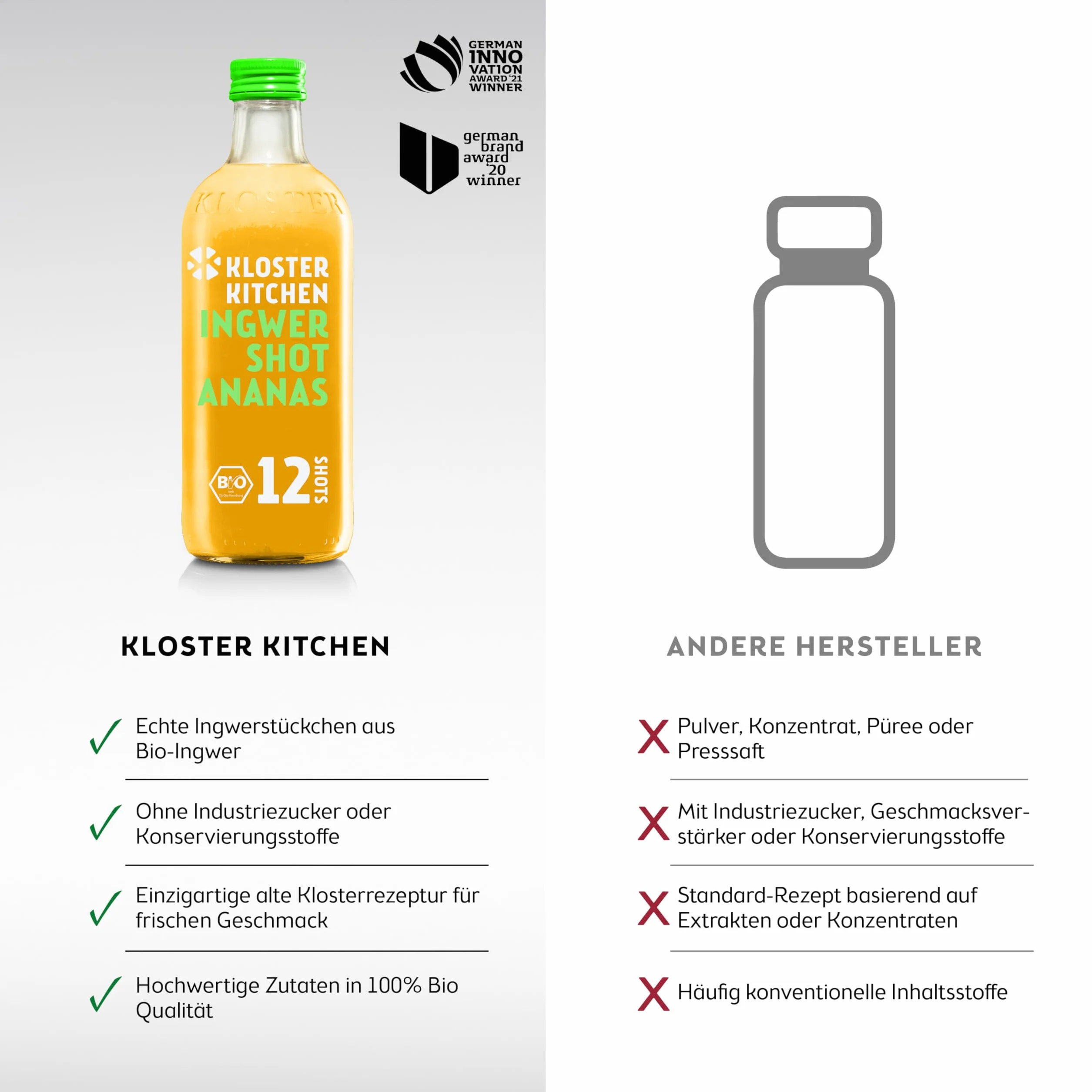 Kloster Kitchen Bio Imbir Shot Ananas 12 Shots 3 x 360 ml z Prawdziwymi Kawałkami Imbiru, Wegański, Szklana Butelka