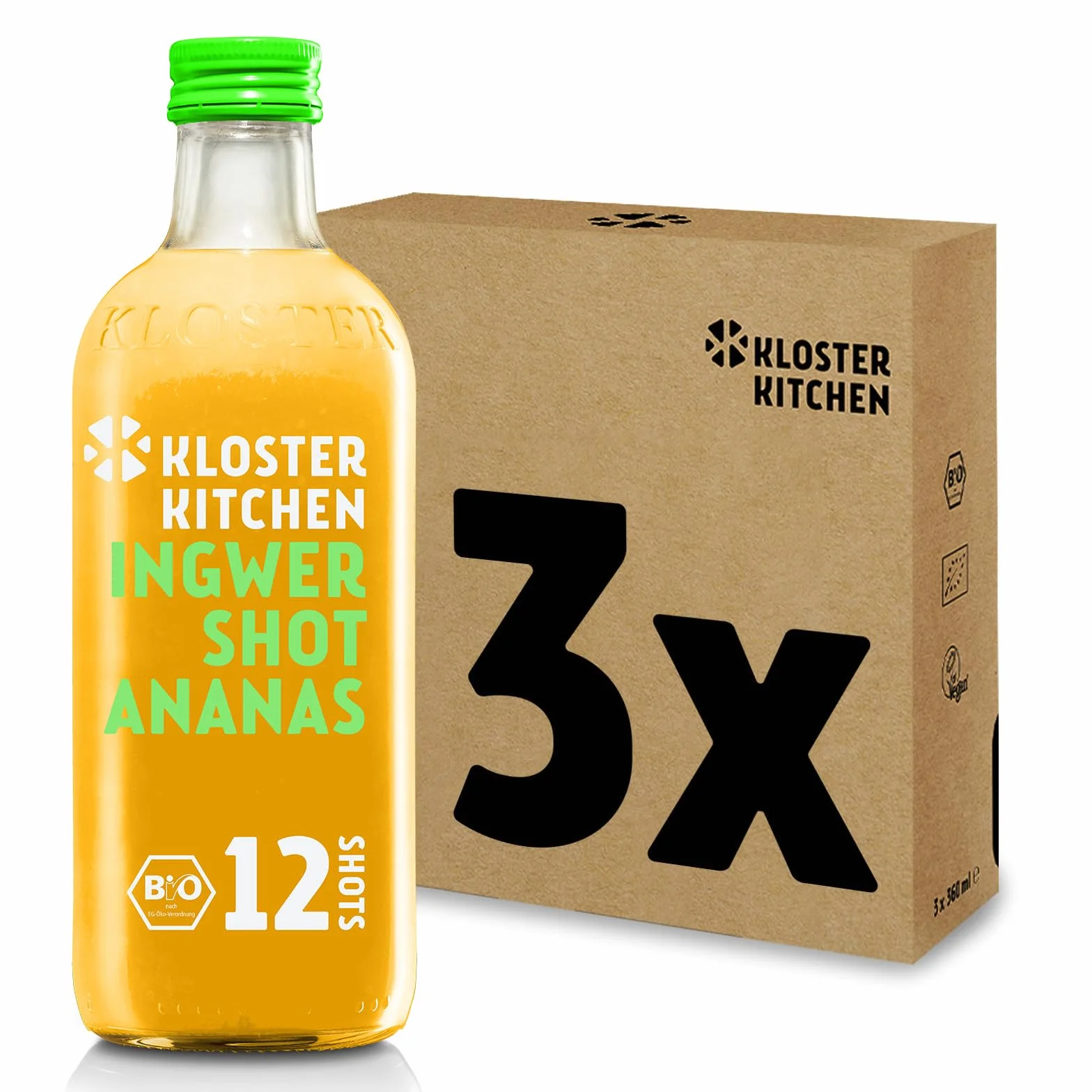 Kloster Kitchen Bio Imbir Shot Ananas 12 Shots 3 x 360 ml z Prawdziwymi Kawałkami Imbiru, Wegański, Szklana Butelka