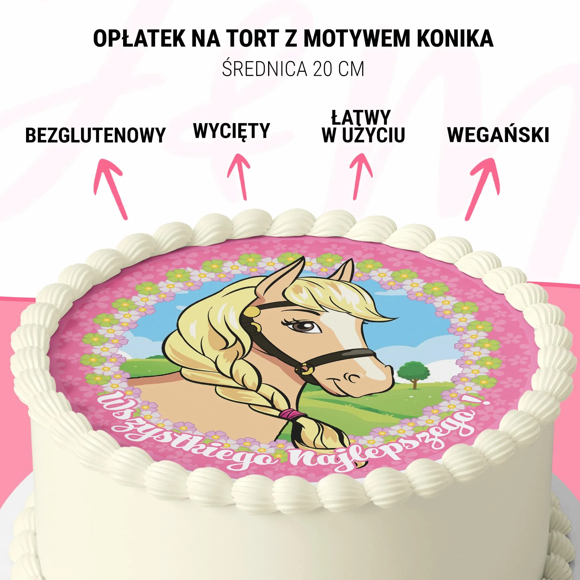 J&M DECO Opłatek na tort Koń Ø20 cm – jadalna dekoracja urodzinowa z motywem konika – topper tortowy dla dzieci – bezglutenowy i wegański