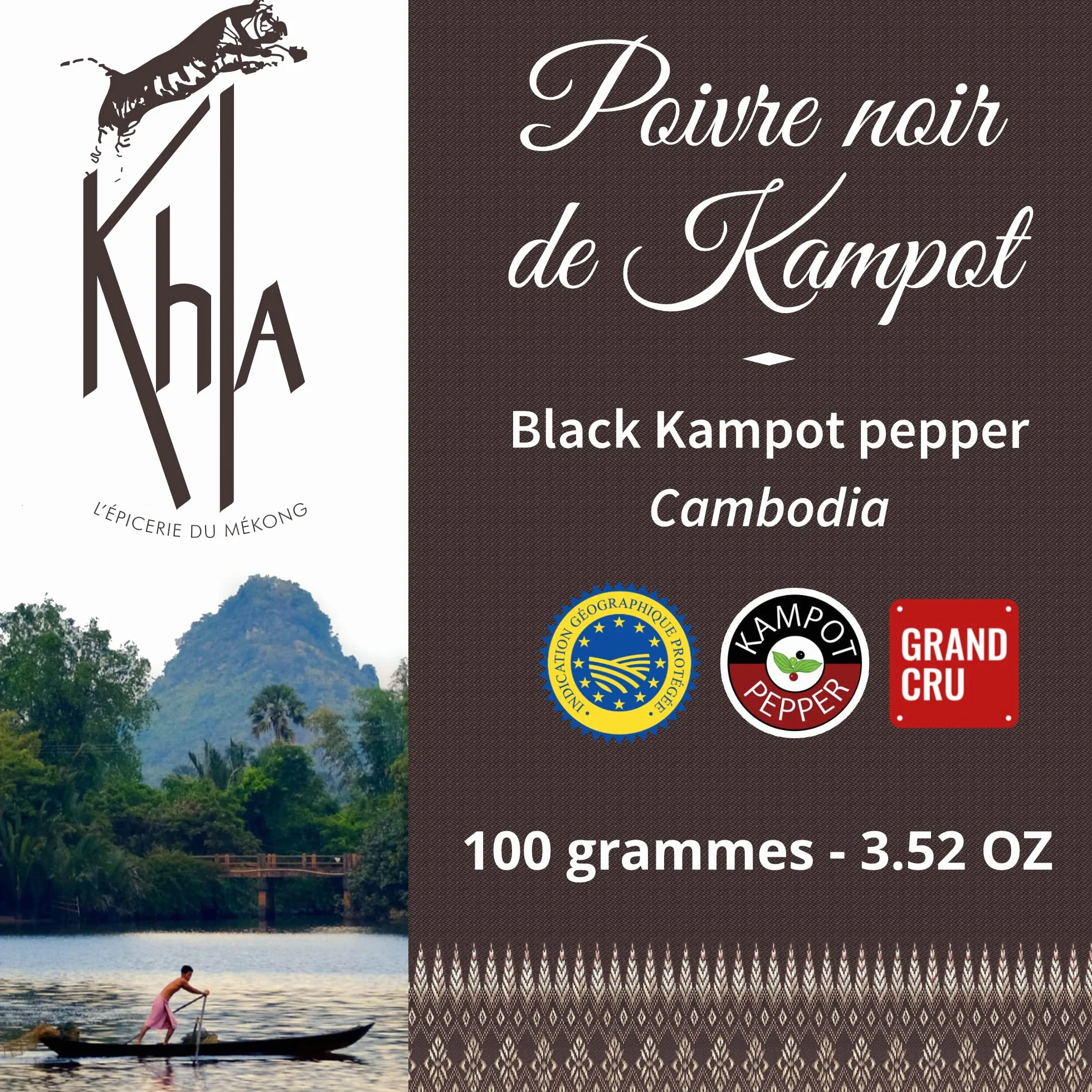KHLA - Czarny pieprz Kampot Premium-GGA - 100 g - ziarna pieprzu w woreczku - tradycyjne opakowanie w liśćch palmowych