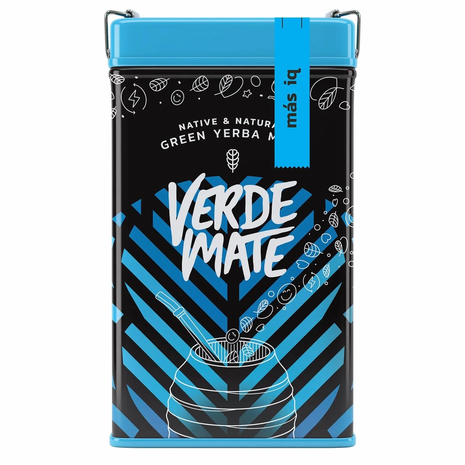 Verde Mate Green Mas IQ 0,5 kg | Yerbera | Metalowa puszka z dozownikiem | Ziołowo-owocowa yerba mate 500 g | Brazylijska | Zielona yerba mate | Herbata yerba mate z Brazylii | Suszona powietrzem