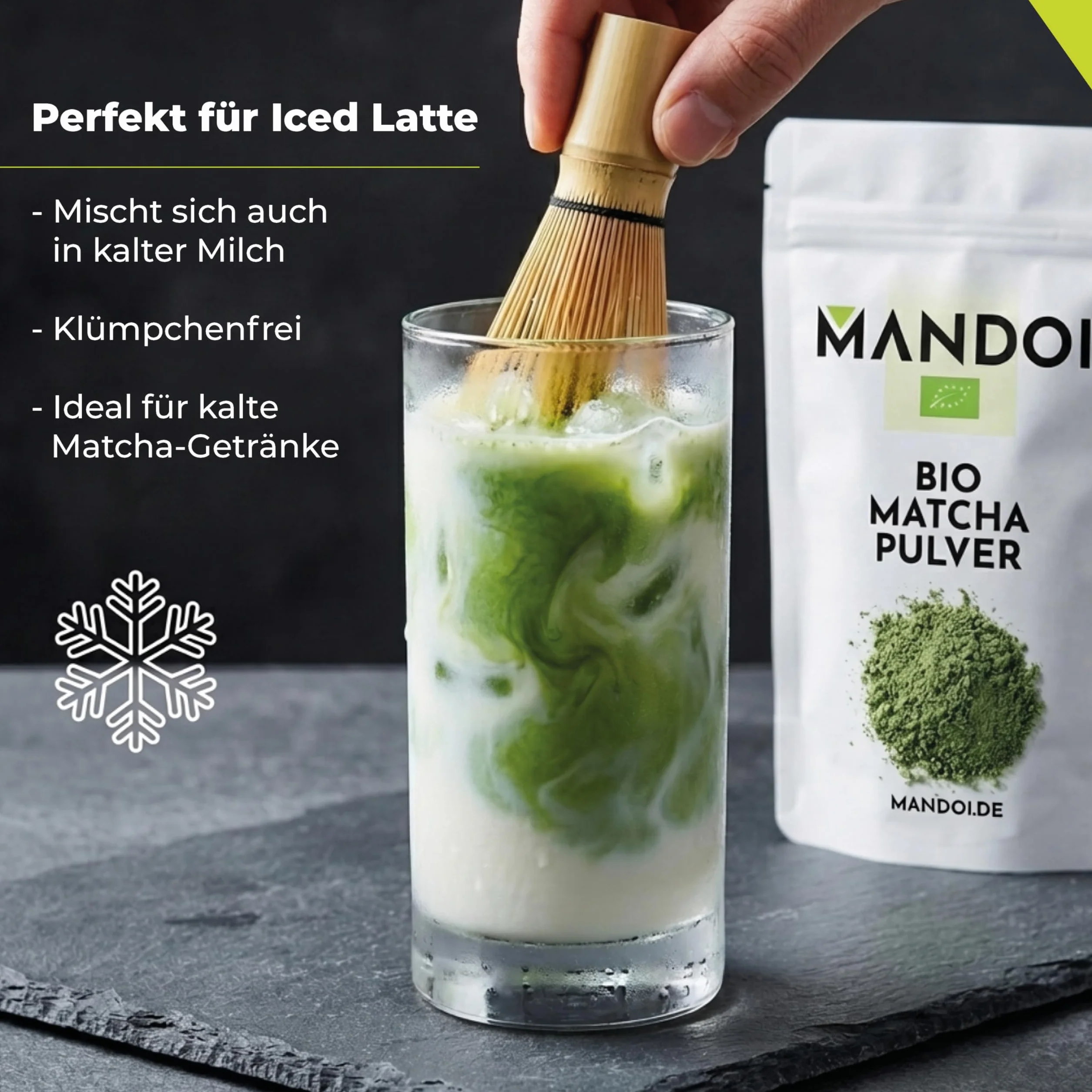 Mandoi Bio Matcha herbata w proszku, 100 g, Bio matcha w proszku, idealny do koktajli, shake'ów lub pieczenia, Green Tea Powder.