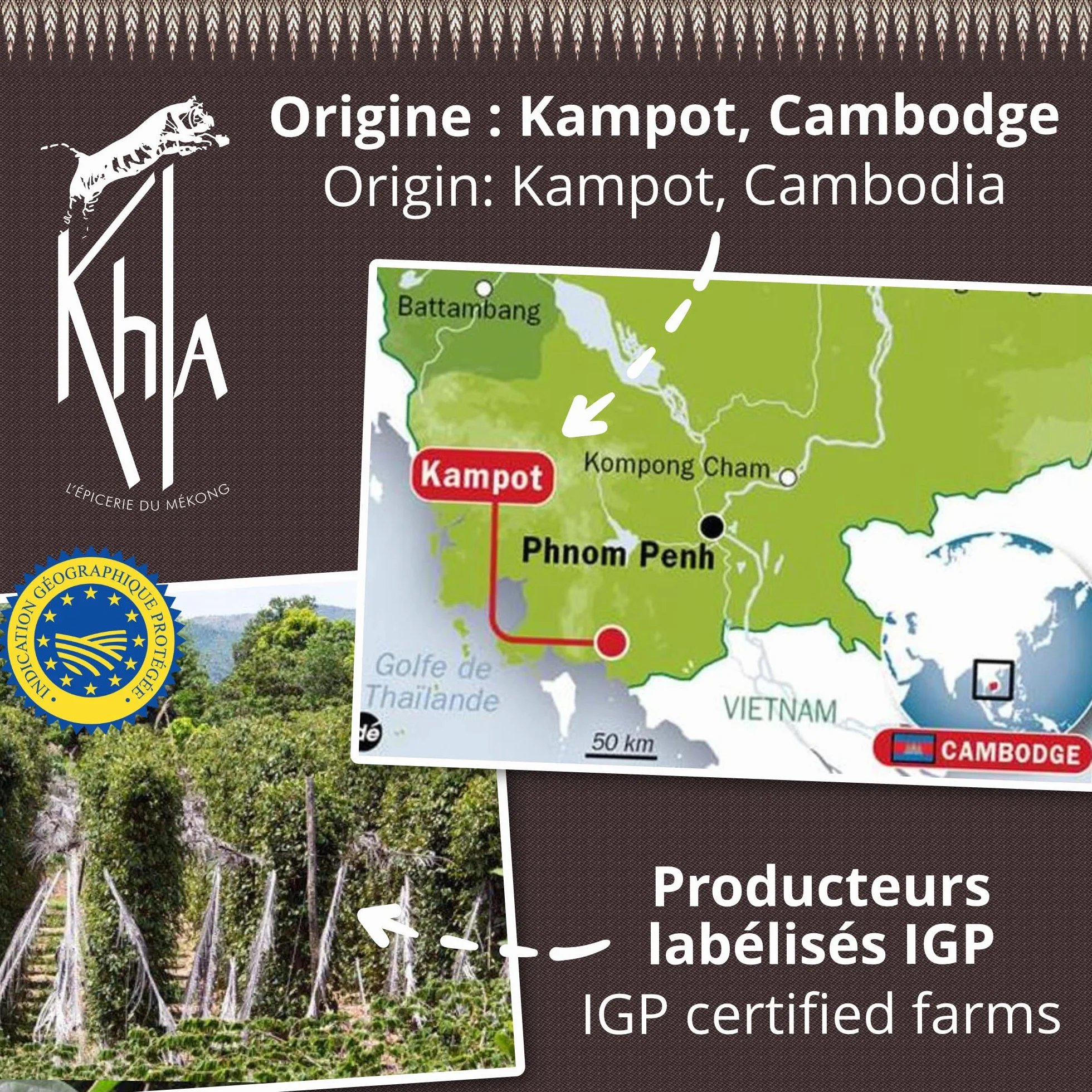 KHLA - Czarny pieprz Kampot Premium-GGA - 100 g - ziarna pieprzu w woreczku - tradycyjne opakowanie w liśćch palmowych