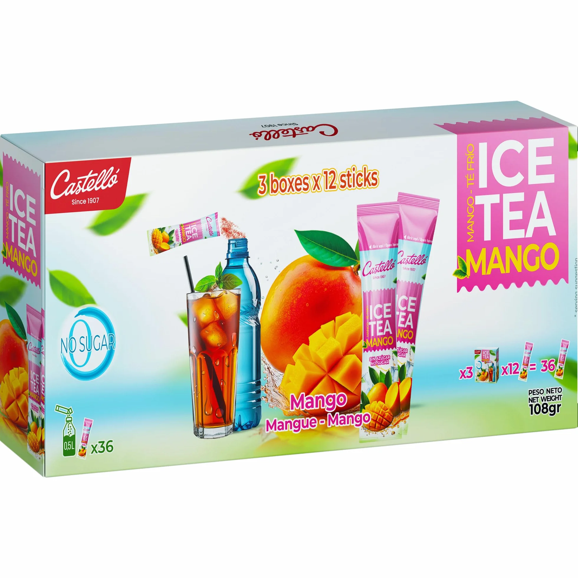 Castello since 1907 Mrożona Herbata (Ice Tea - Iced Tea) Rozpuszczalna Zero w Saszetkach | Mango | 36 Sztuk | Zero Kalorii, Bez Cukru, Bez Aspartamu
