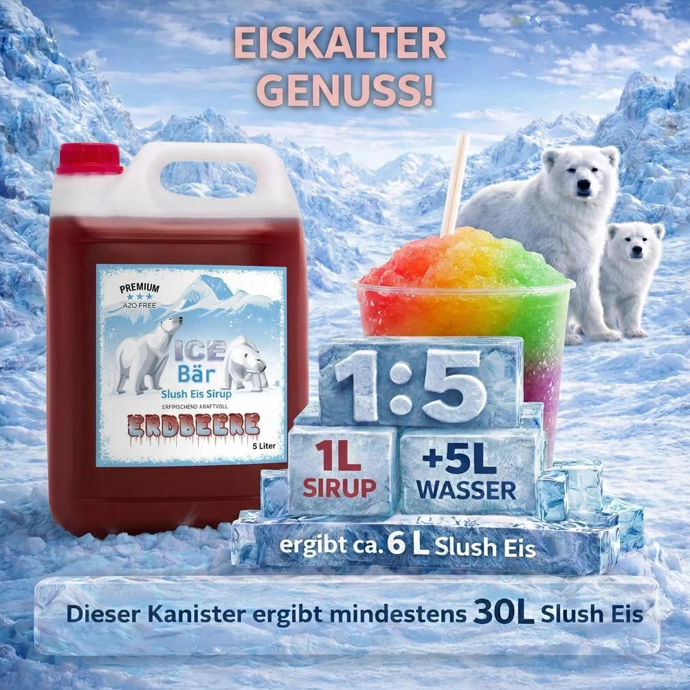 ICE BĘR Slush Syrup 12 odmian owocowych 5 litrów koncentratu BEZ AZO | smak truskawkowy | Slushy Maker Ice for Ice Cream Maker Syrup Maszyna do napojów