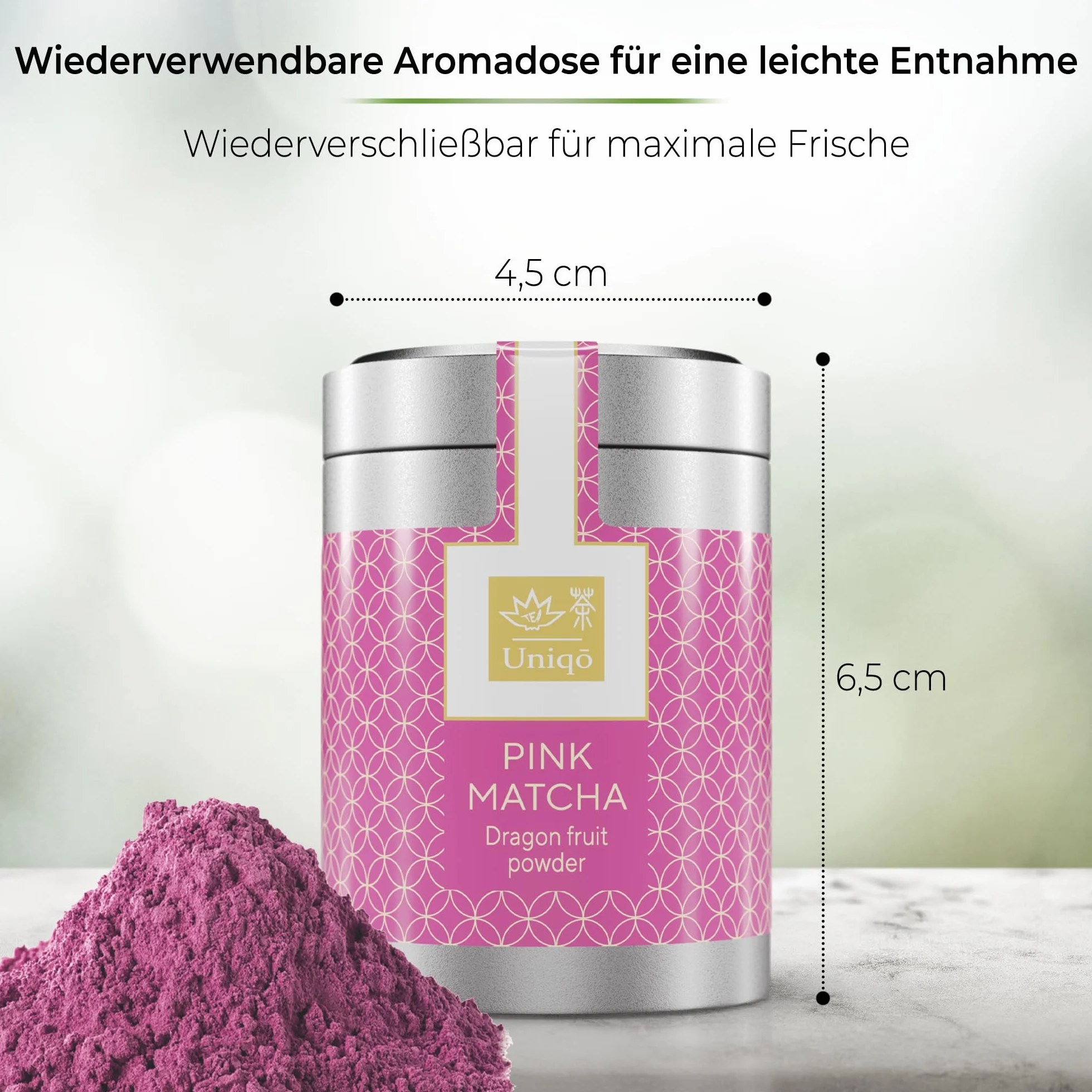 Tea Uniqo różowa herbata matcha w proszku – idealna do picia, lodów, latte, koktajli, do pieczenia lub gotowania, smoczy owoc w proszku, 100% naturalny, w puszce, superfood, proszek ze smoczego owocu