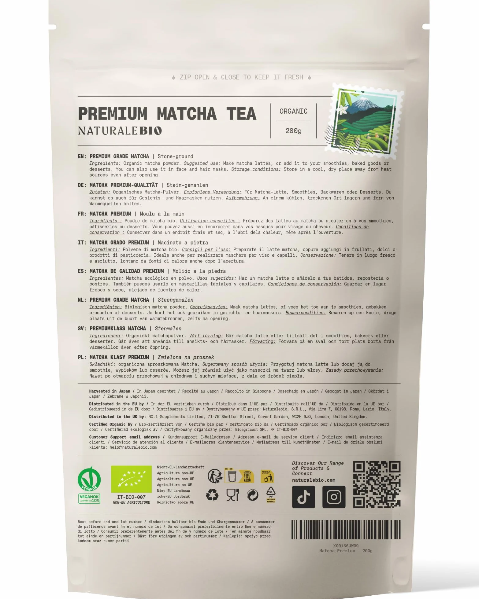 NaturaleBio Premium Matcha w Proszku 200g - Organiczna Japońska Zielona Herbata Matcha USDA - Wegańska do Latte, Smoothie i Wypieków