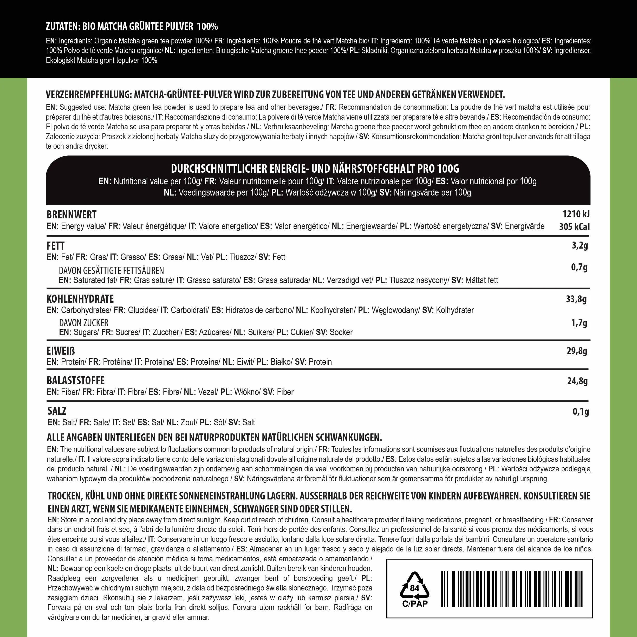 Alpi Nature Ekologiczna Matcha w Proszku 100g, Zielona Herbata Matcha Klasy Premium, Naturalnie Zawierająca Kofeinę
