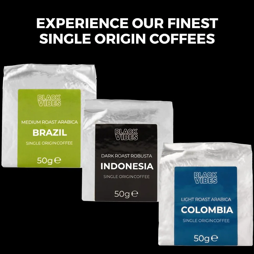 Black Vibes - WORLD'S COFFEES | Zestaw Prezentowy - Kawa Mielona 300g (6x50g) | 6 Najwyższej Jakości Kaw Jednorodnych | Pomysł na Prezent dla niego lub dla niej