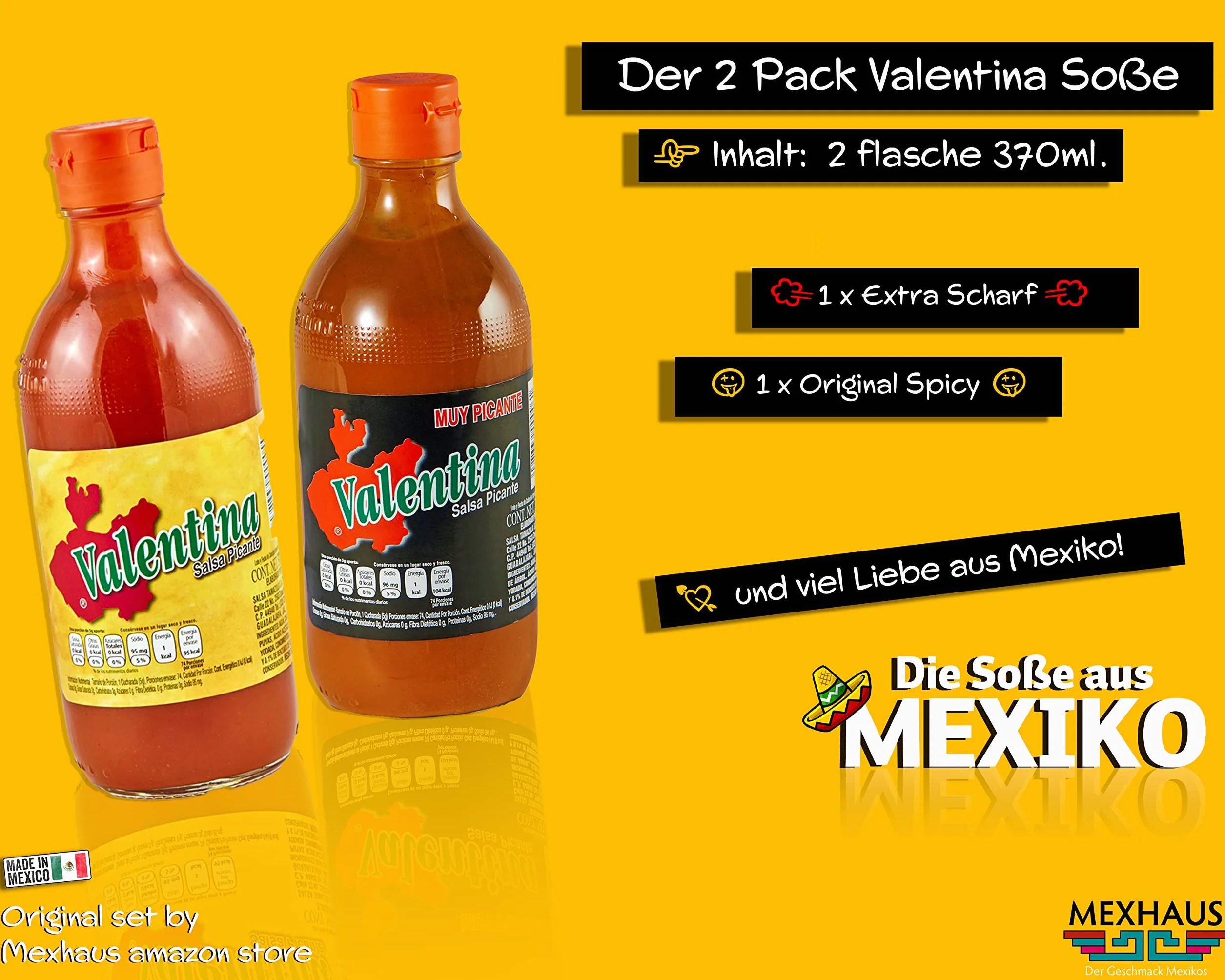 Valentina ostry sos i Valentina ekstra ostry / (opakowanie 2 szt.) – po 370 ml, bezglutenowy, beztłuszczowy i bezcukrowy, Viva México Collection by Mexhaus
