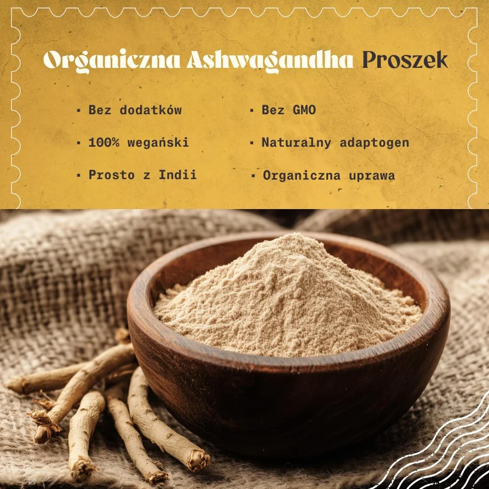 Organiczna Ashwagandha w proszku 200g. Naturalny i czysty, wyprodukowany w Indiach z organicznego korzenia Withania somnifera. NaturalBio