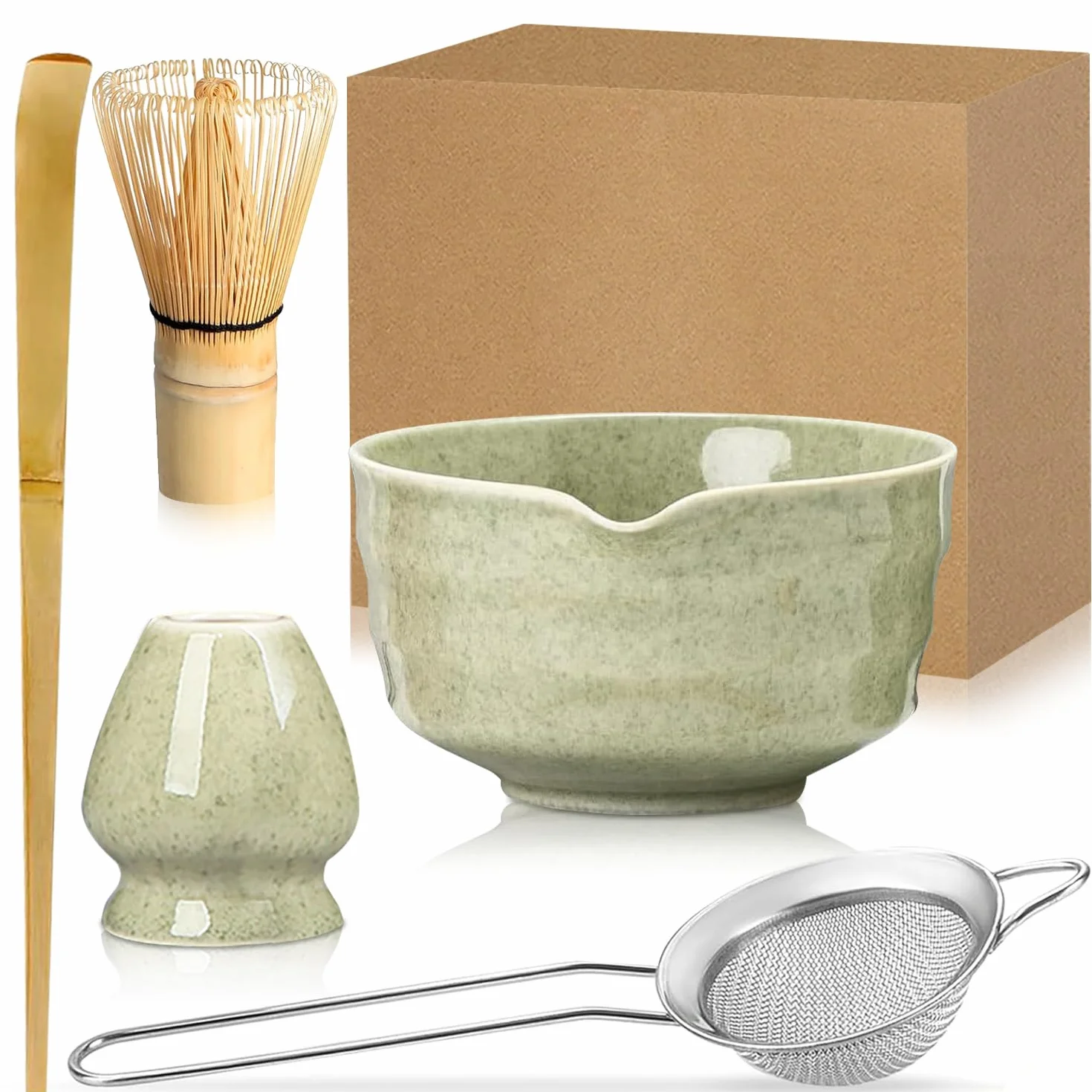 Zestaw 5 trzepaczek do matchy z miską matcha, uchwyt do trzepaczki do matchy, łyżki do matchy i sitka do matchy, zestaw startowy do ceremonii parzenia herbaty matcha (zielona matcha)