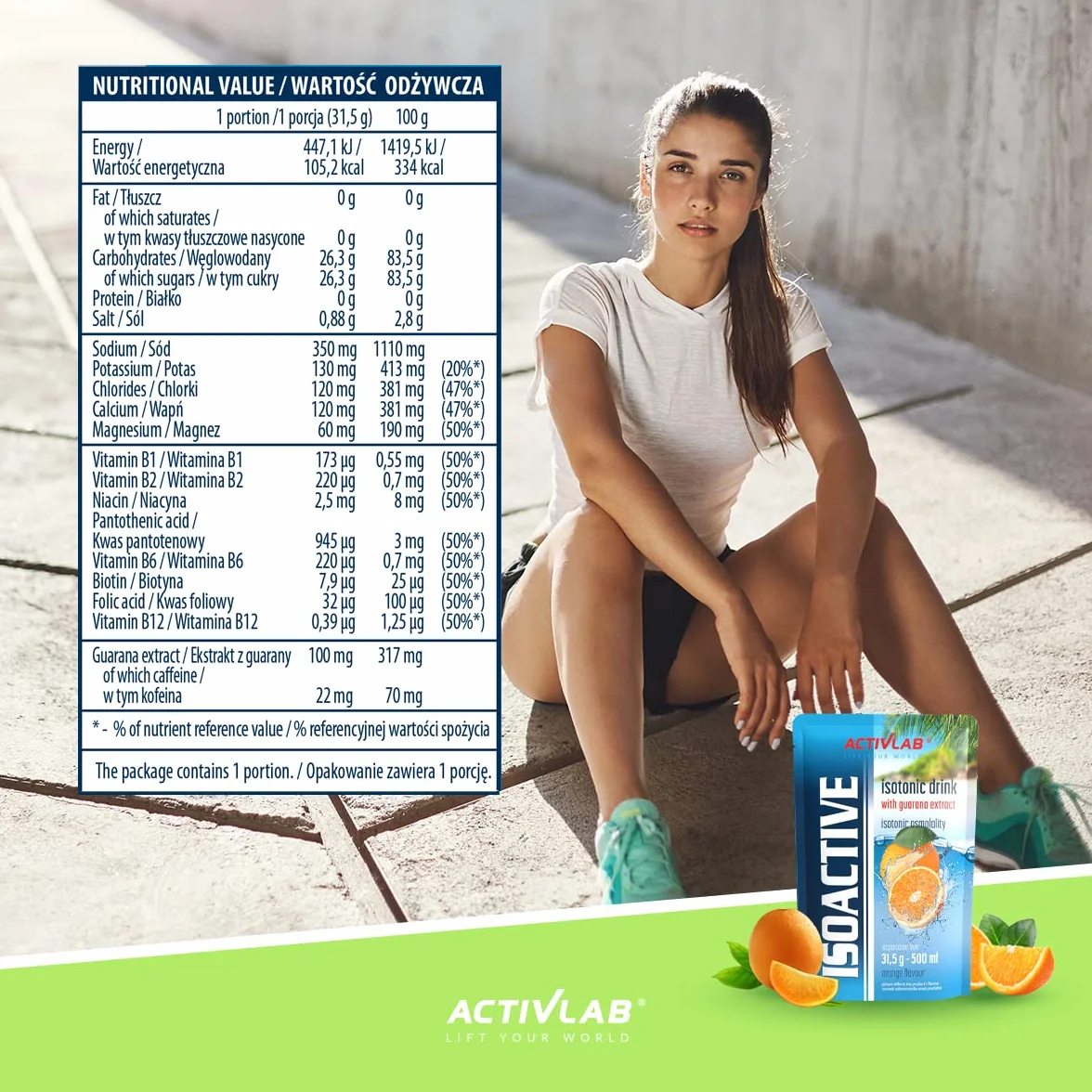 Activlab Isoactive Isotonic Drink z Guana, elektrolit, witaminy B, 20 x 31,5 g, pomarańczowy, z guaraną, 500 ml napoju sportowego, praktyczny woreczek, 3 x sprawdzony laboratoryjnie