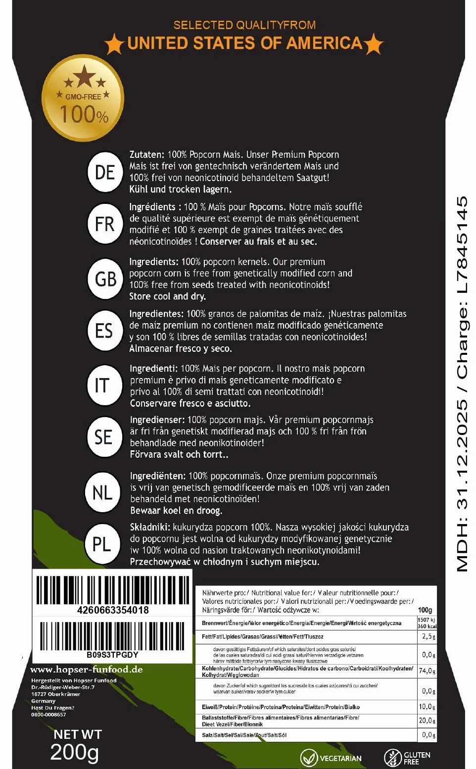 Kukurydza kukurydziana z Ameryki w opakowaniu chroniącym aromat bez GMO do maszyny do popcornu, poppera, rondelka lub kuchenki mikrofalowej (1x200g)
