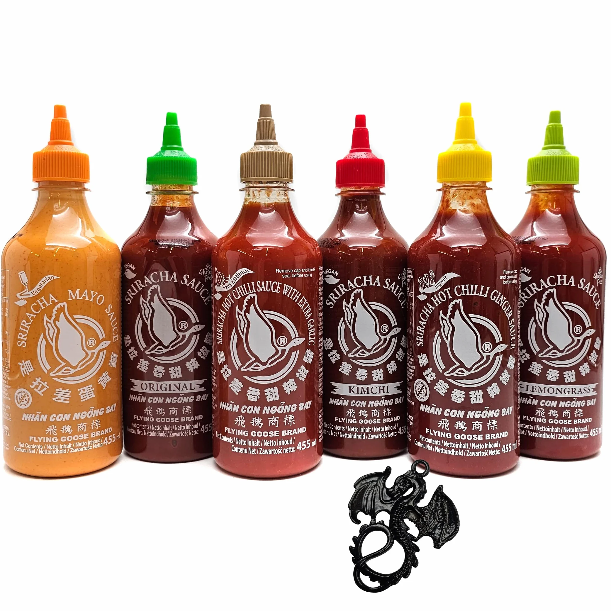 esnado Zestaw 6 sosów, Sriracha, Hot Chili, Flying Goose, 6 x 455 ml, sos chilli z zawieszką w kształcie smoka