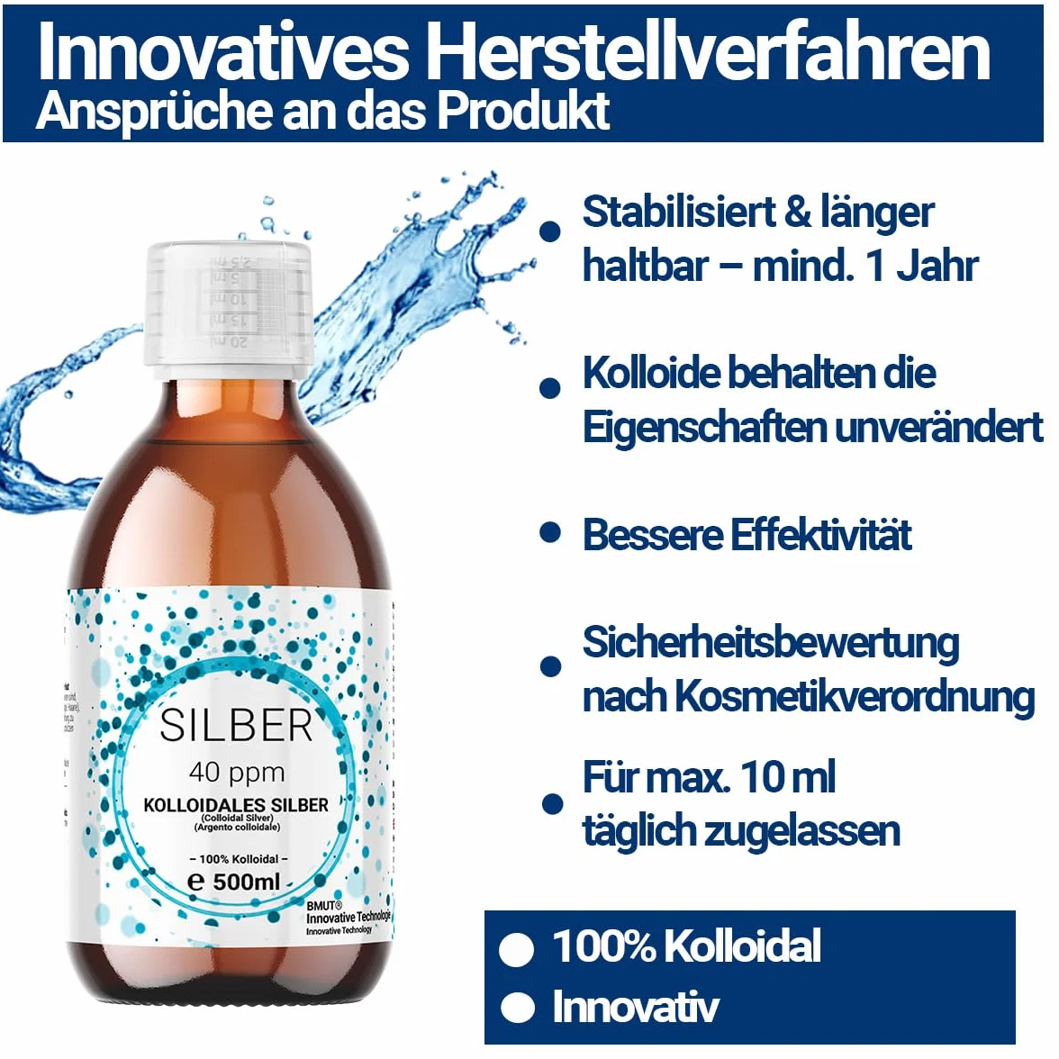 1 x 500 ml srebra koloidalnego (40 ppm) w brązowej szklanej butelce z rozpylaczem 30 ml, srebrna woda, czysta woda, 100% koloidalna