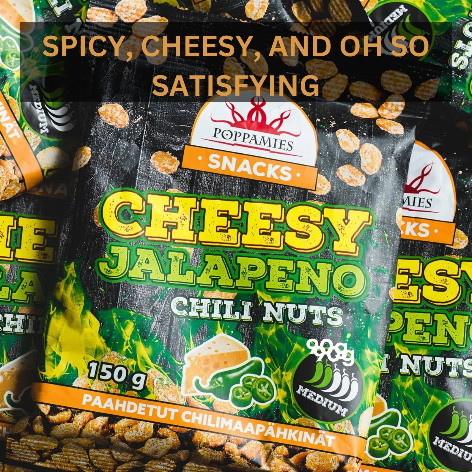 Poppamies Cheesy Jalapeno Chili Orzeszki ziemne - Pikantne orzeszki to doskonały wybór na przekąskę - Bezglutenowe - Pikantność: Średnia - 150g