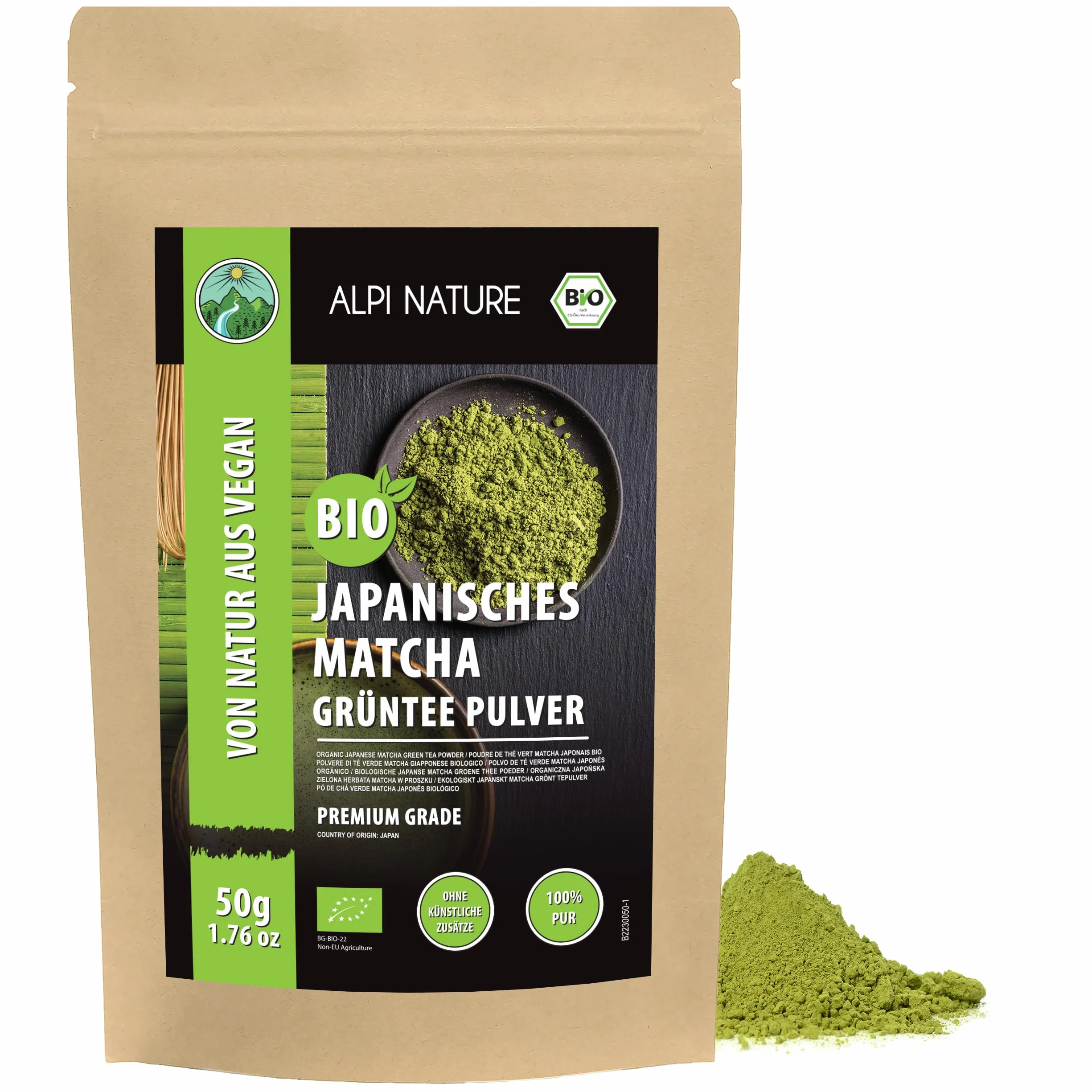 Alpi Nature Ekologiczna Matcha w Proszku 50g, Japońska Zielona Herbata Matcha Klasy Premium, Naturalnie Zawierająca Kofeinę