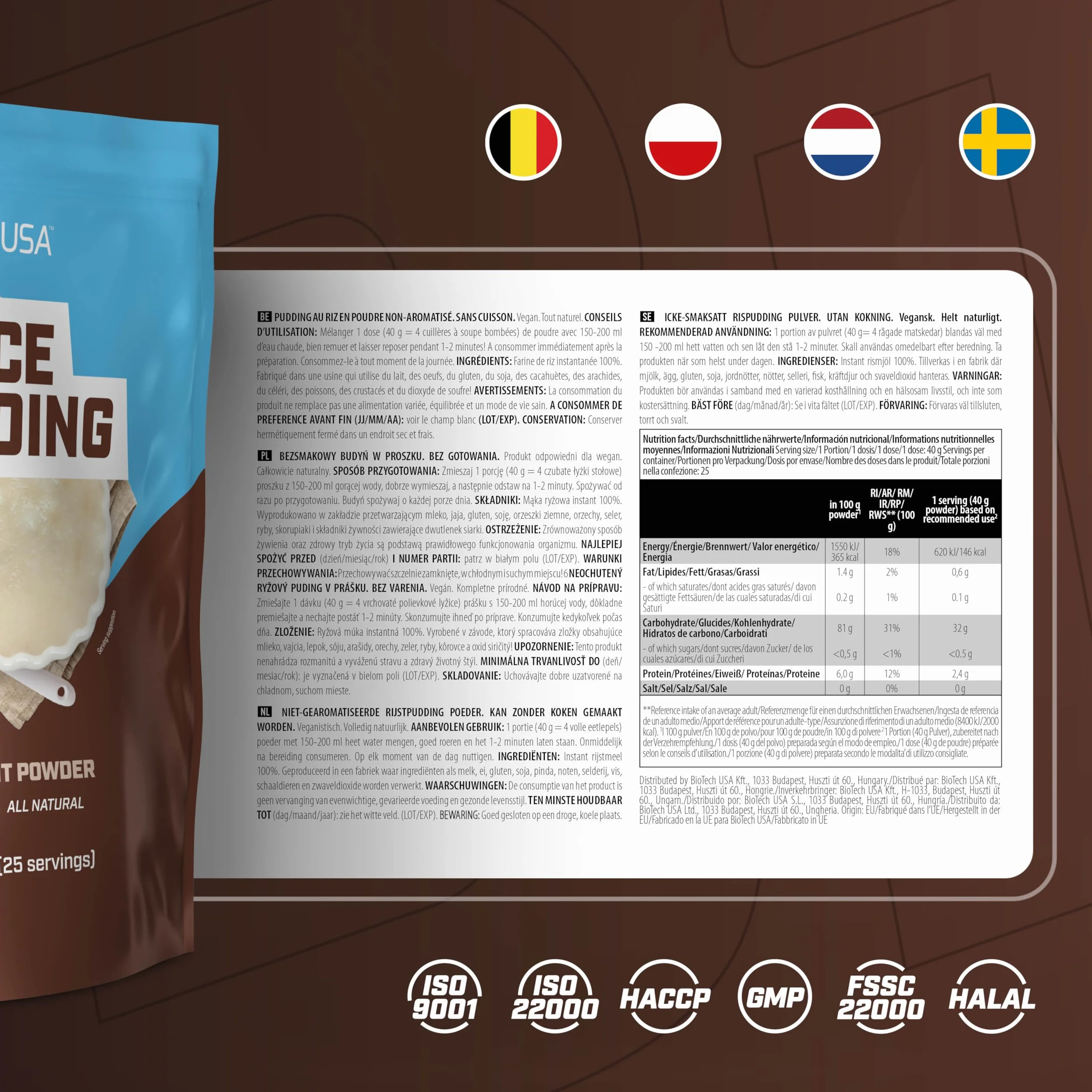 BioTechUSA Rice Pudding | błyskawiczny pudding ryżowy w proszku | wegański | całkowicie naturalny, 1000 g, Bezsmakowy